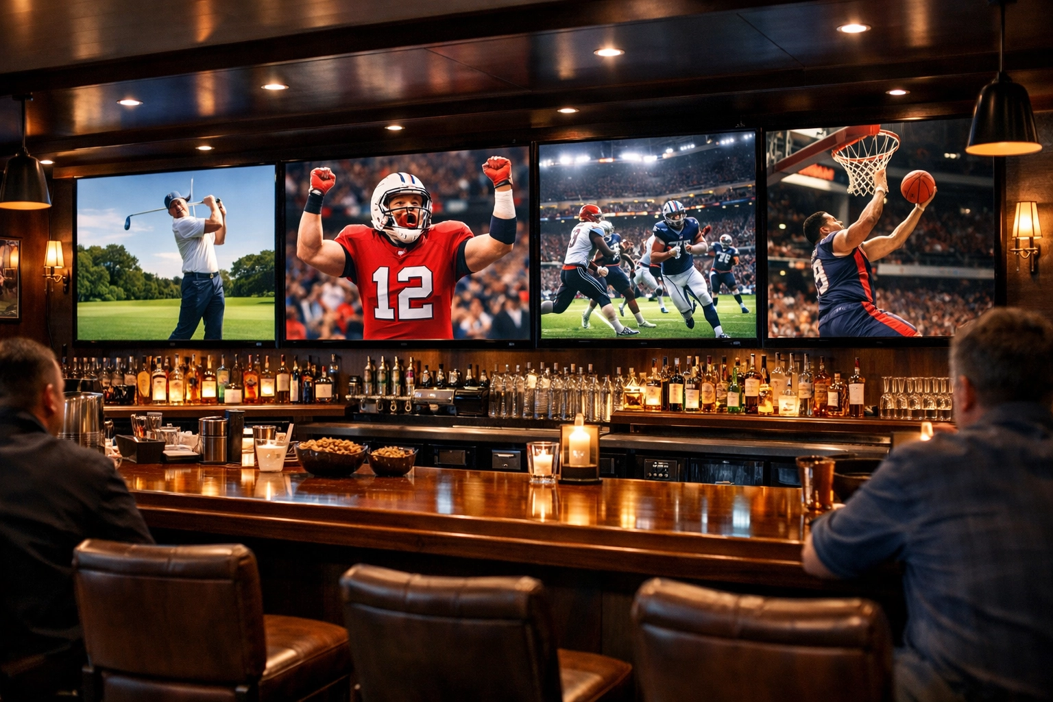 Digital sports screens in a modern lounge displaying highlights to engage fans in a social setting.