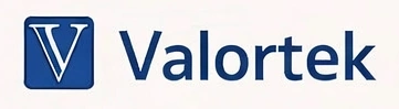 Valortek company logo featuring a bold blue “V” inside a square icon, next to the word “Valortek” in modern blue lettering
