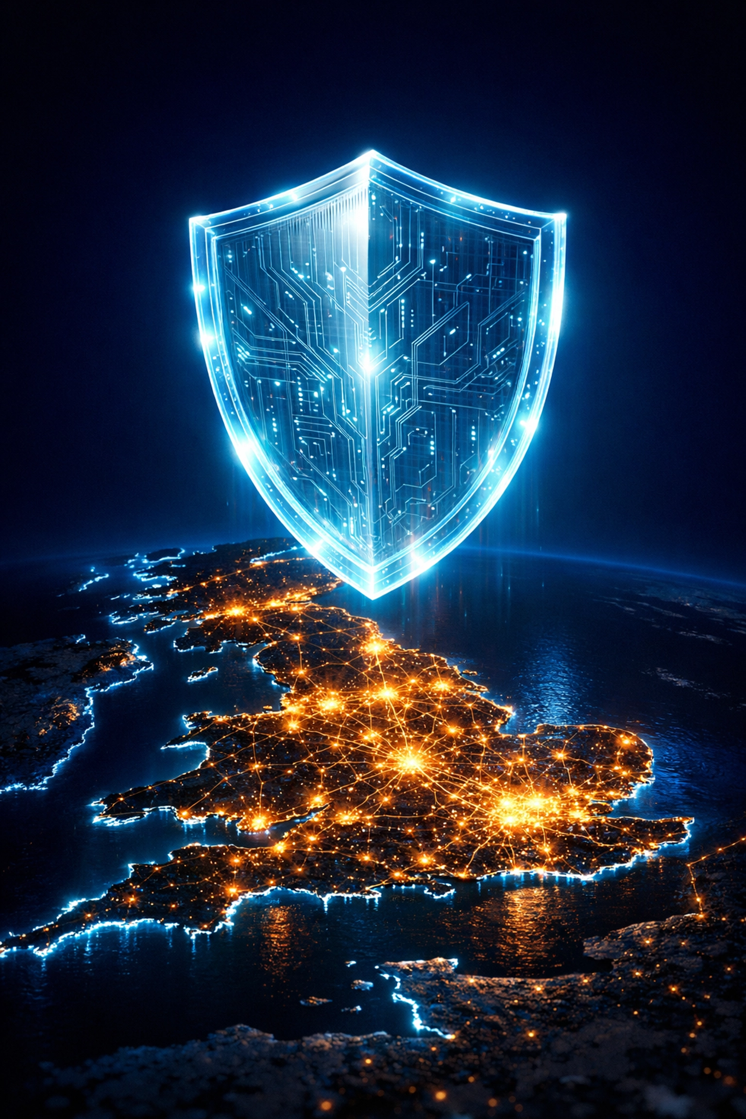 Digital shield protecting an illuminated UK map, representing secure GDPR compliance for training providers.