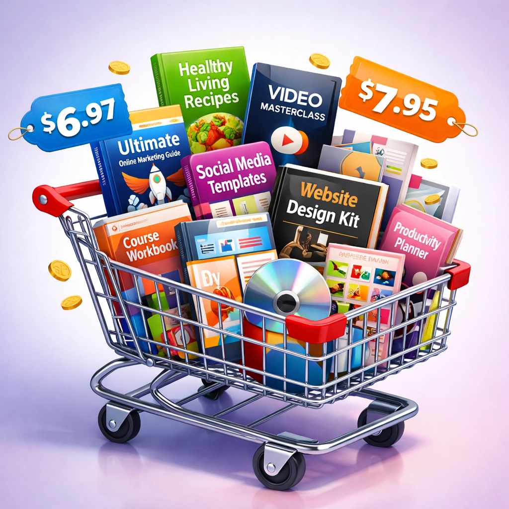 Shopping cart filled with affordable ebooks and video courses priced at $6.97 and $7.95