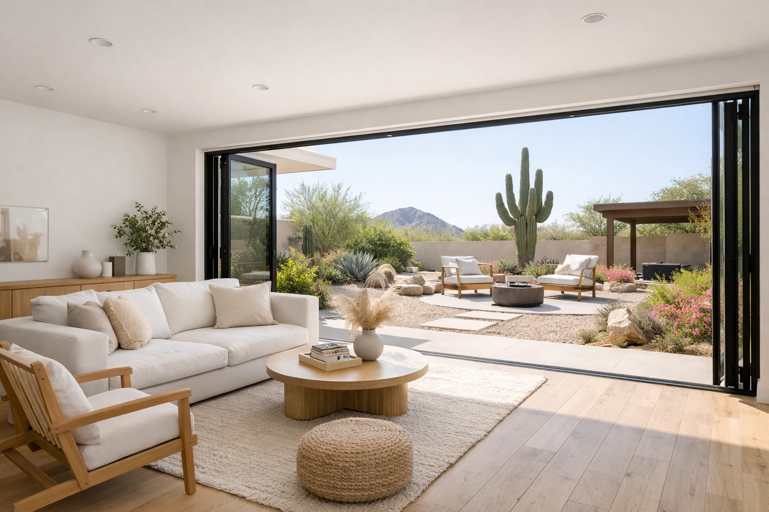 Modern living room addition in a Tempe home featuring floor-to-ceiling glass doors and desert views.