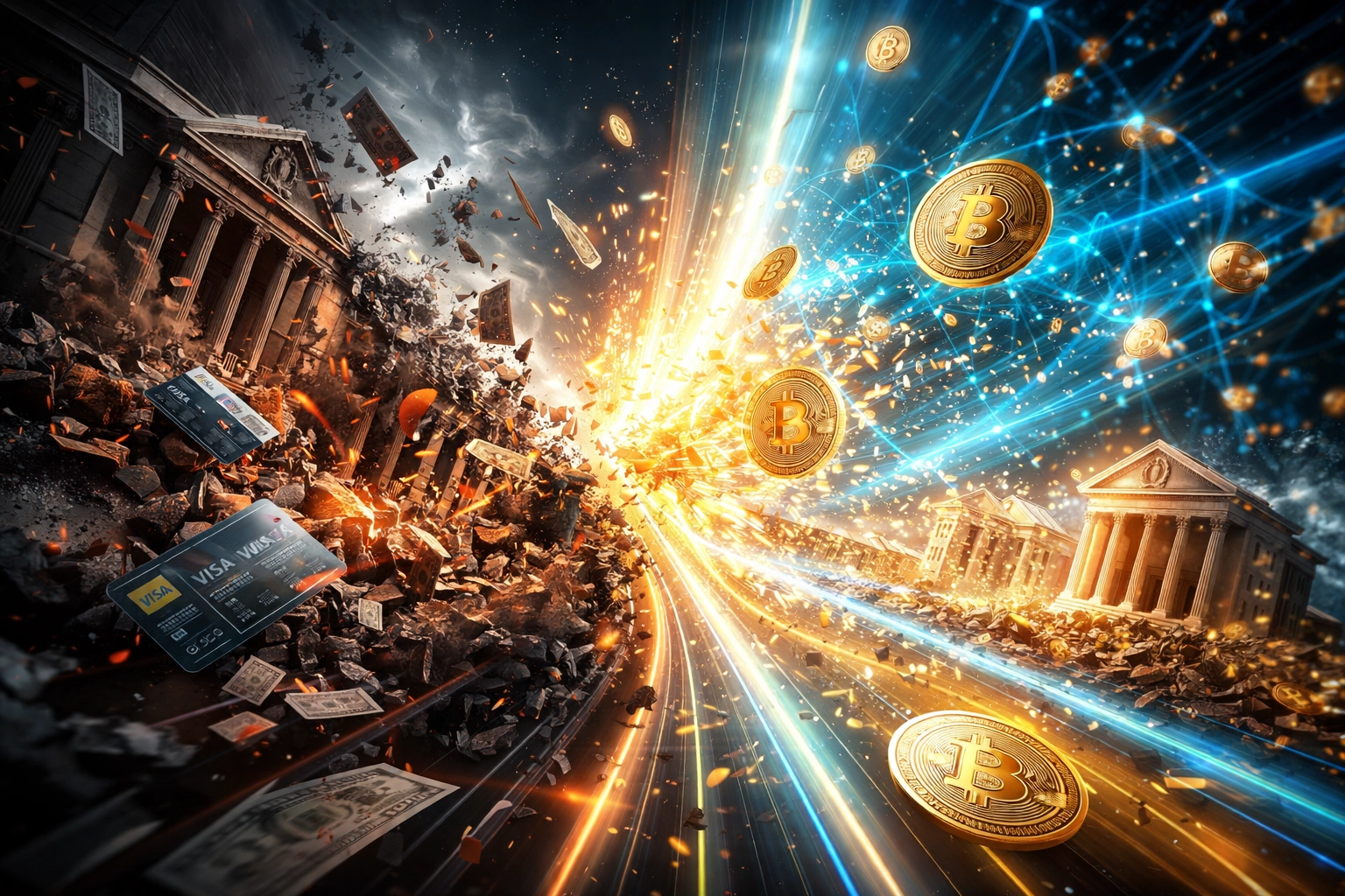 Traditional credit cards transforming into cryptocurrency tokens representing Web3 payment revolution for merchants