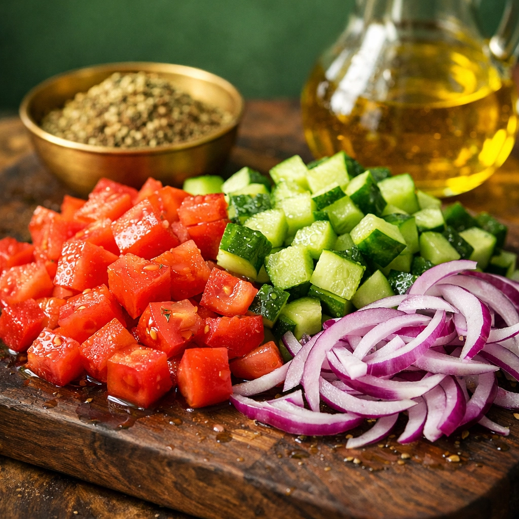 Freshly chopped tomatoes and cucumbers for authentic Mediterranean dishes at Gyro Republic.