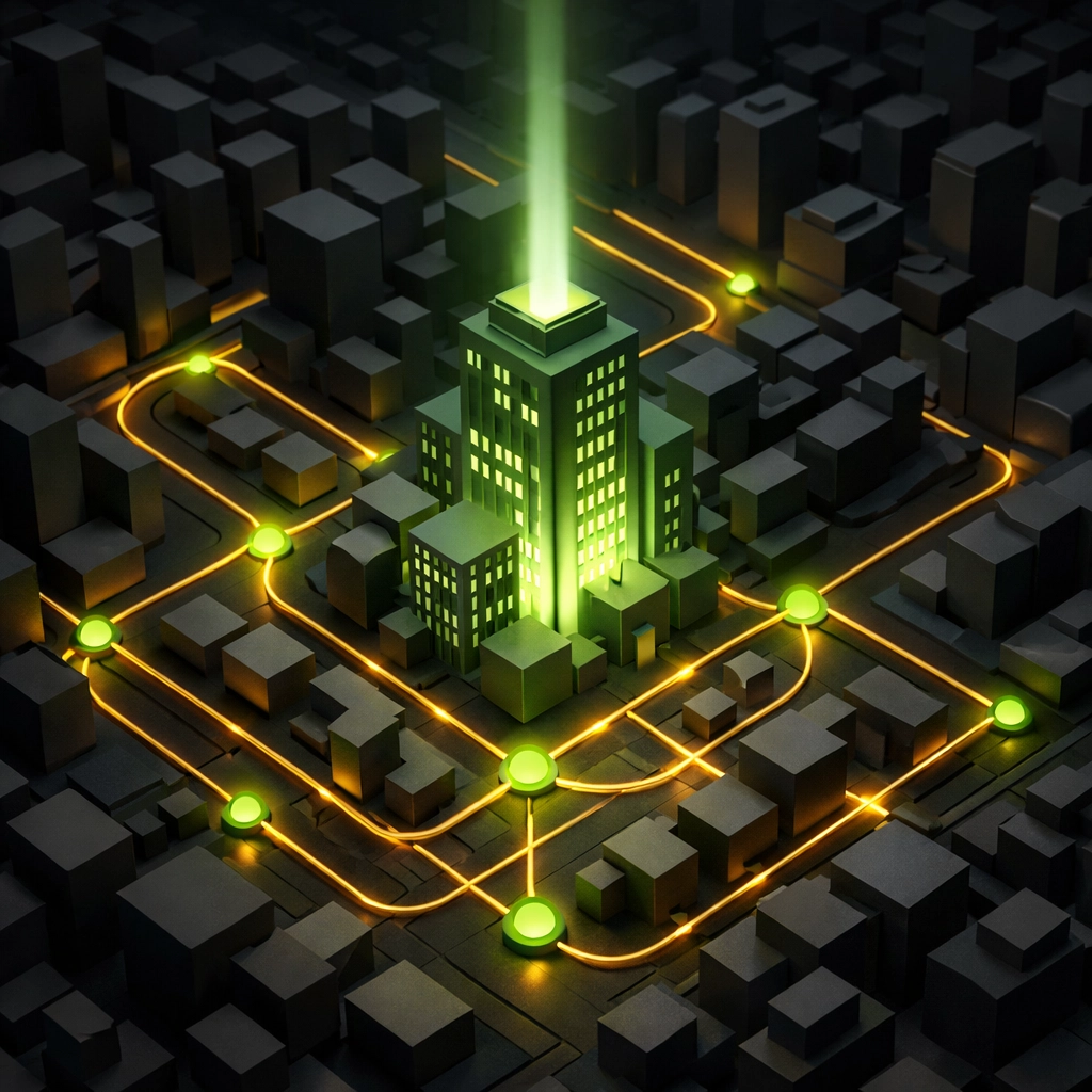 A glowing green business building in a digital city symbolizing a dominant cannabis local search presence.
