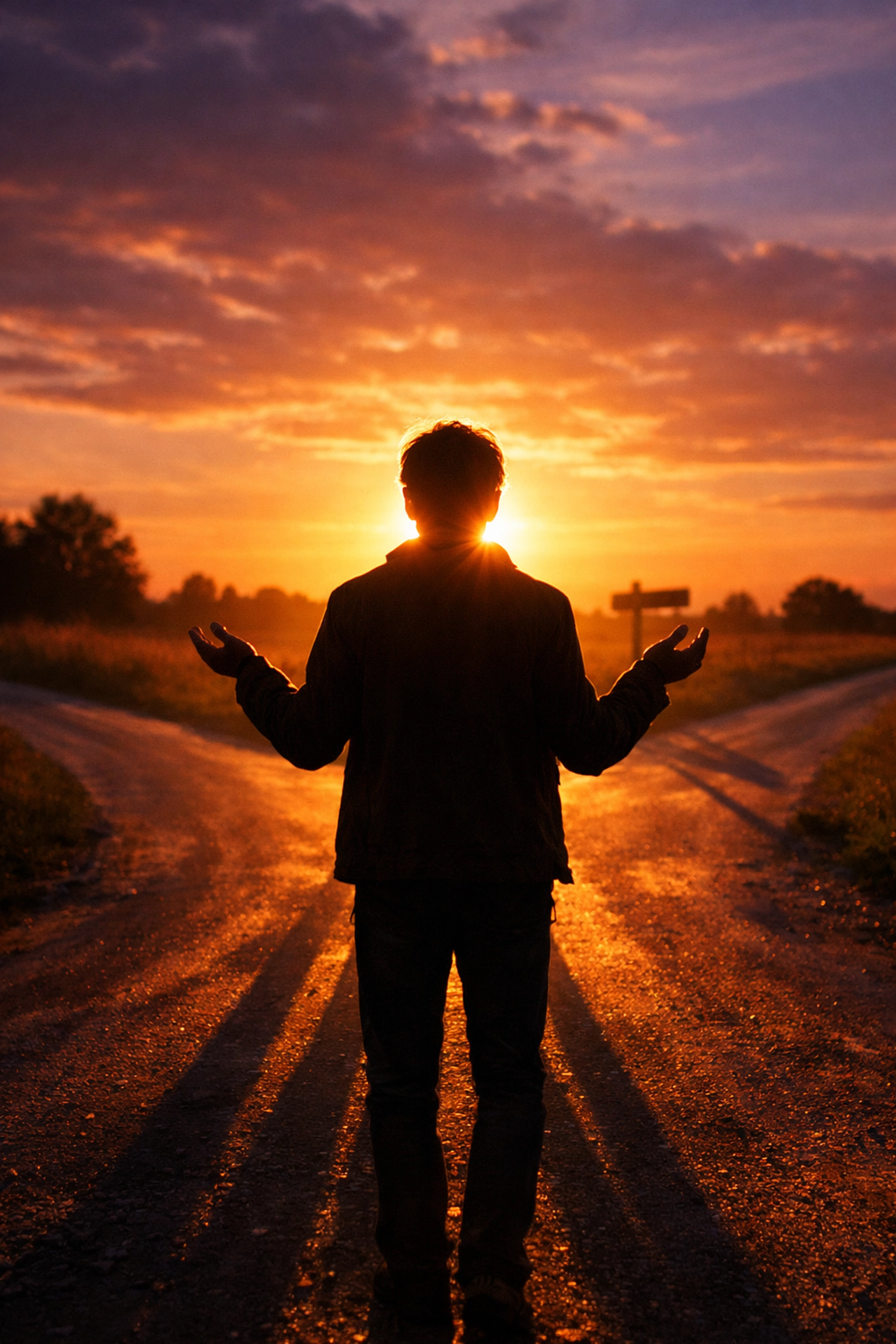 Person standing at crossroads with raised arms representing surrender and trusting God with the future