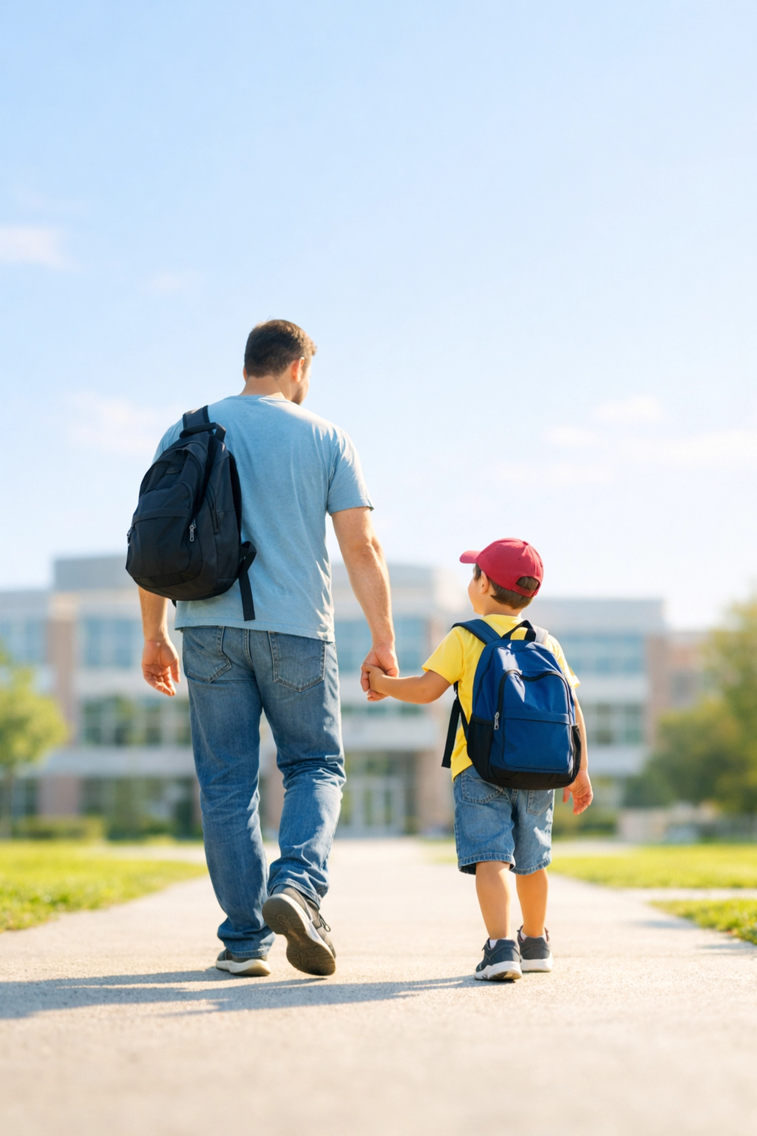 Father walking child to school, advocating for contact order enforcement and equal rights.