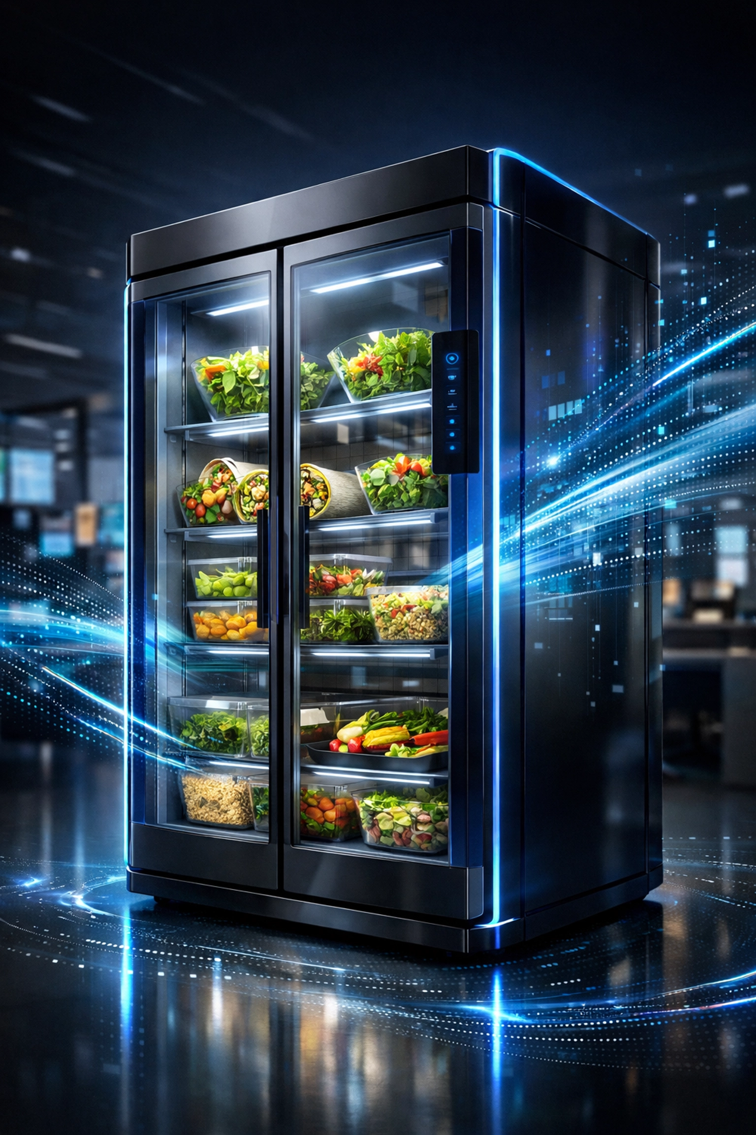 Smart fridge with fresh salads and healthy meals in modern office setting