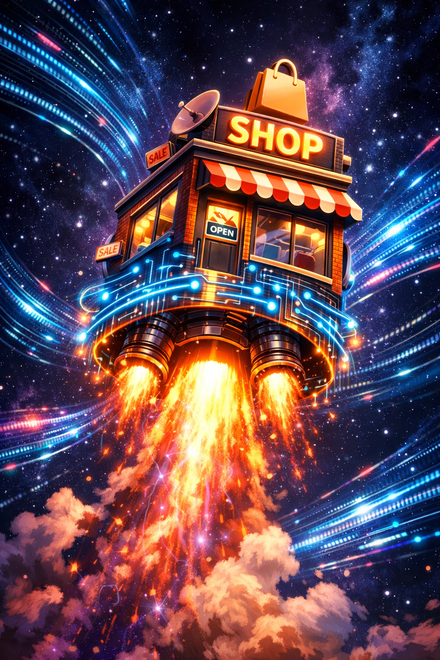 Small business shop transforming into a rocket to illustrate scaling with AI agents.