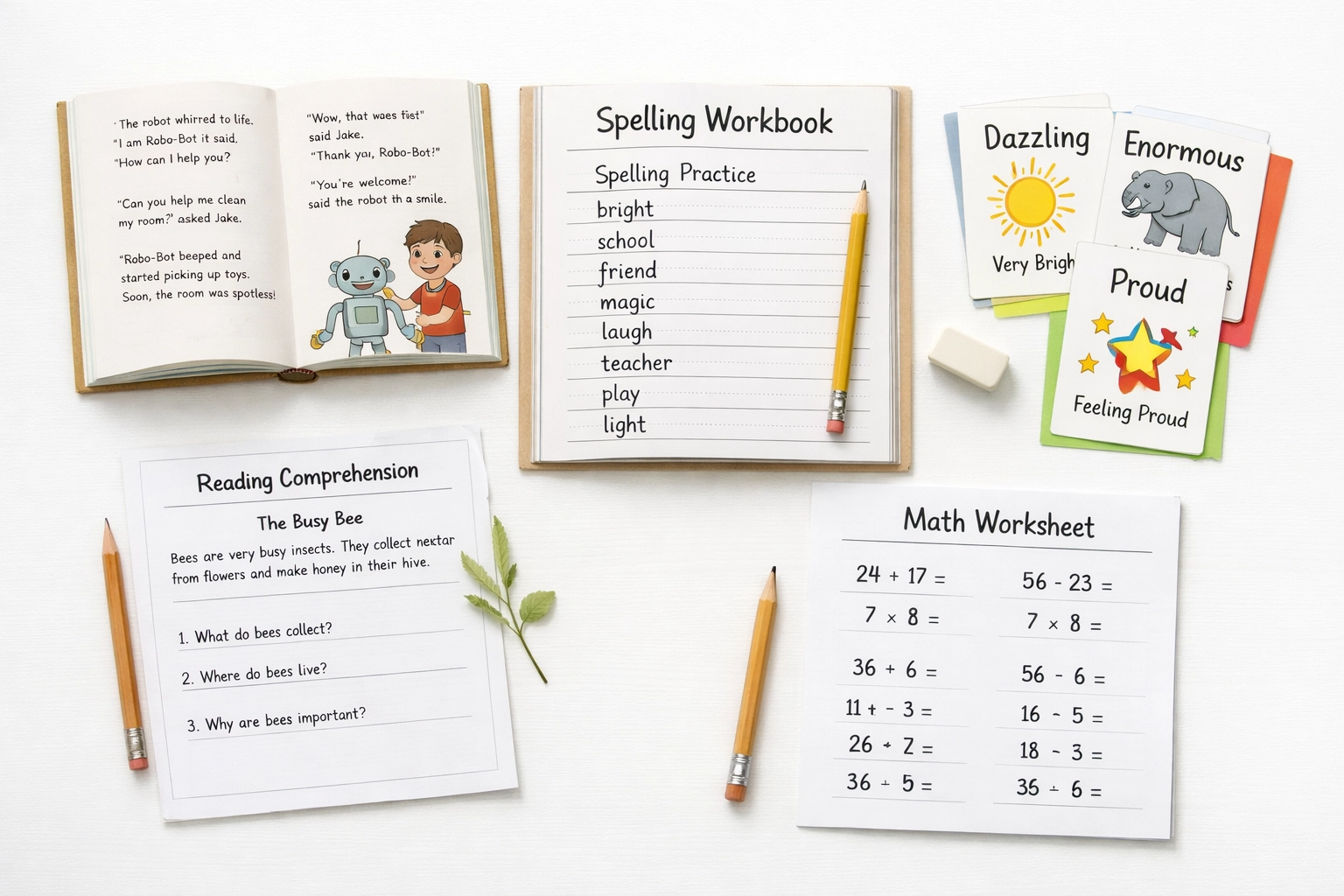 De vijf onderdelen van het drempelonderzoek: lezen, spelling en rekenen