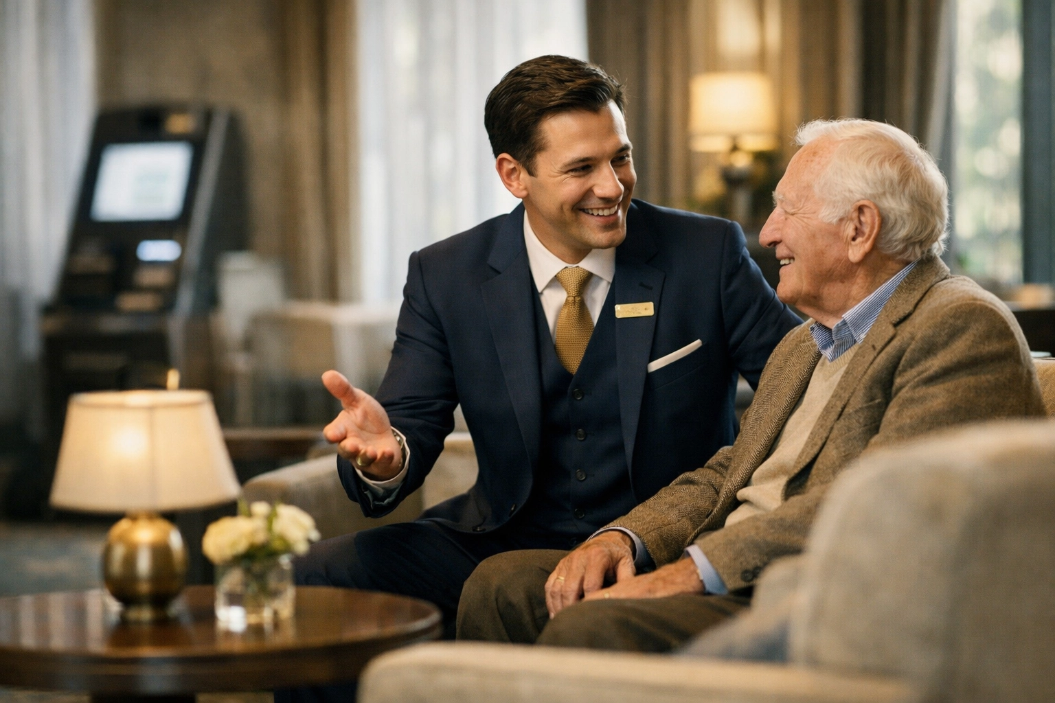 Hotel staff member providing personalized guest service while self-service kiosk handles routine tasks