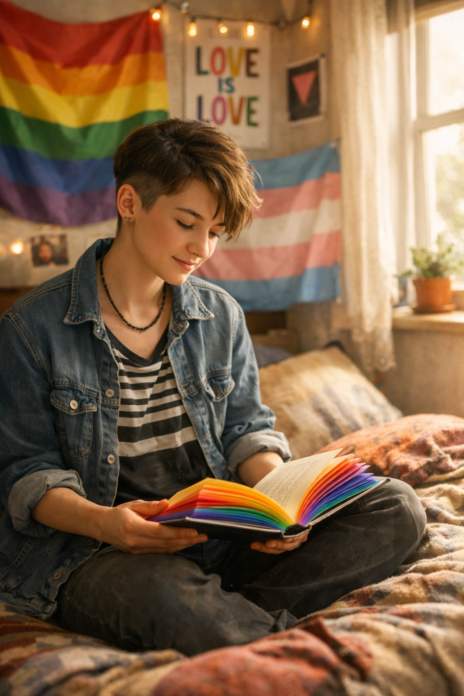 Queer person reading in bedroom with pride flags exploring sexual identity and self-discovery