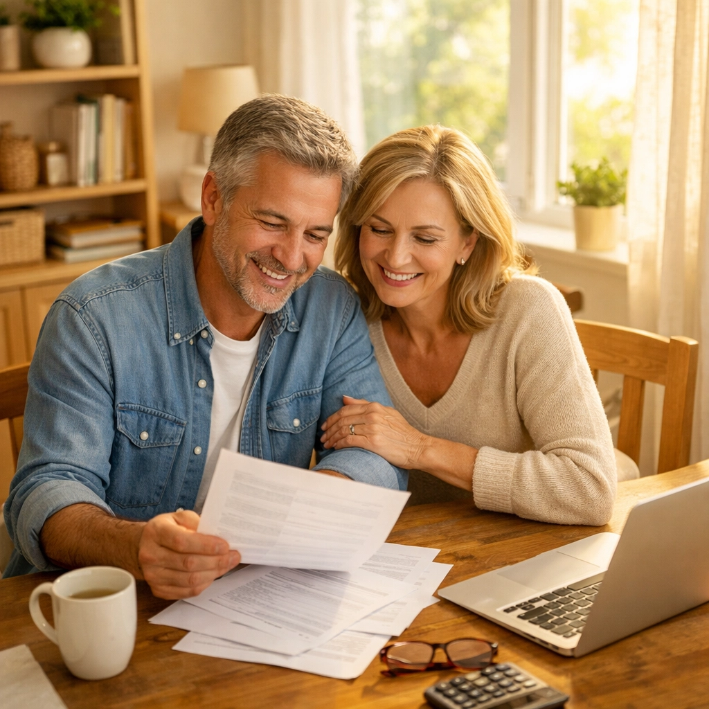 Couple reviewing DIY will documents together at home for simple estate planning