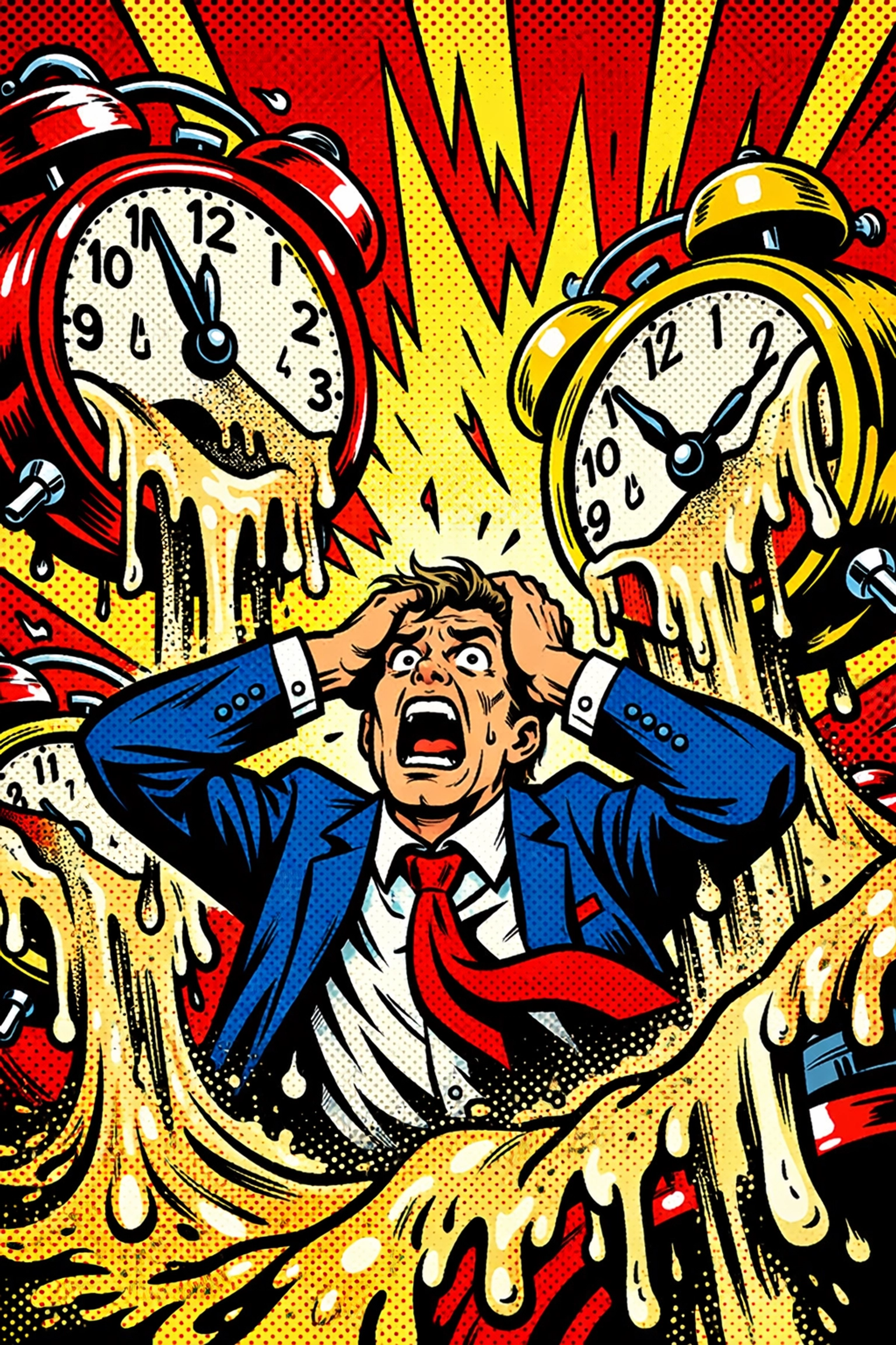 Stressed business owner losing time to manual tasks with melting alarm clocks representing the need for automation.