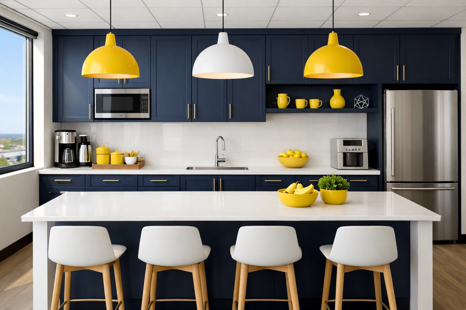 Modern office kitchenette cleaning services in East Bridgewater featuring spotless white countertops.