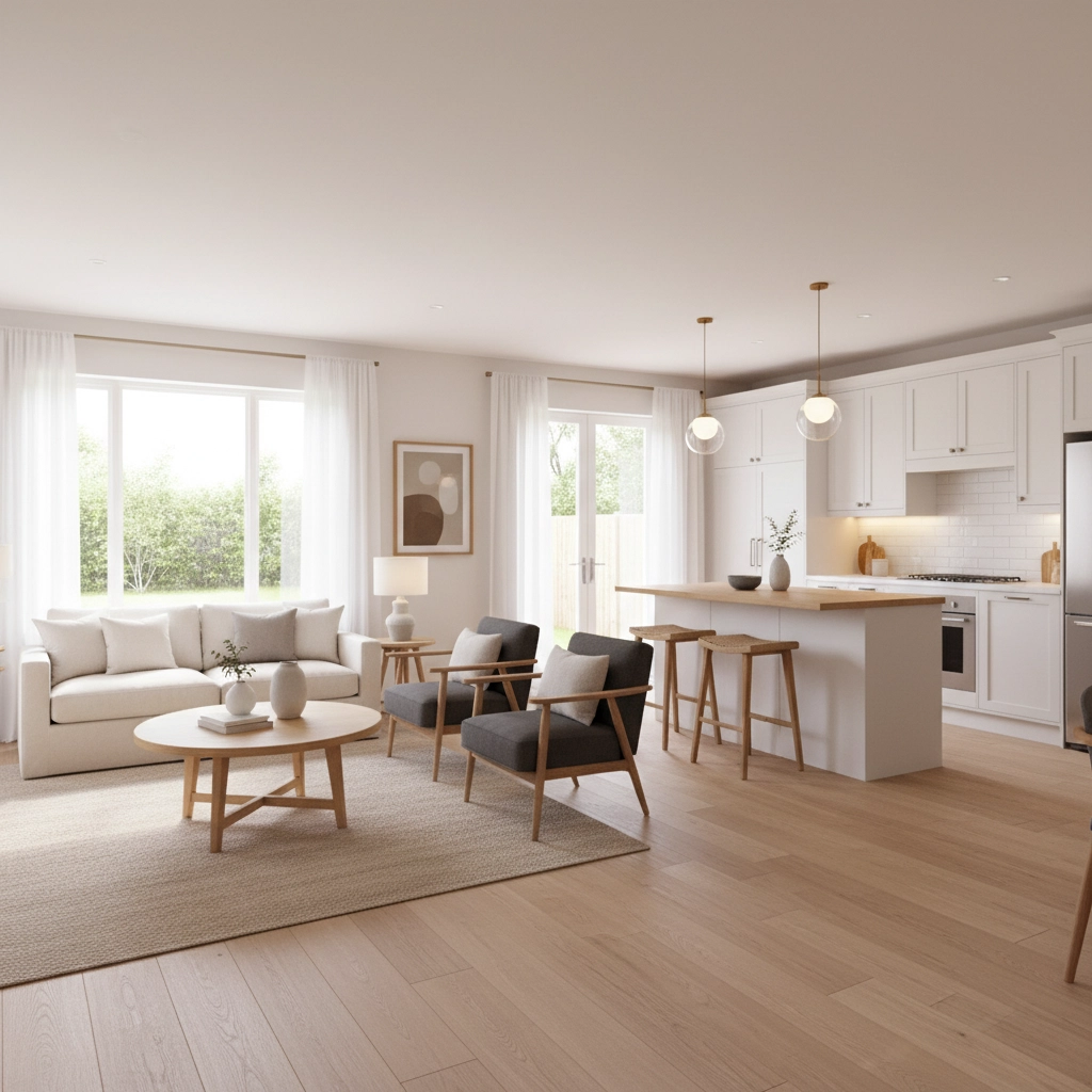 A couple reviewing financial documents and a house plan, illustrating strategic planning for downsizing.