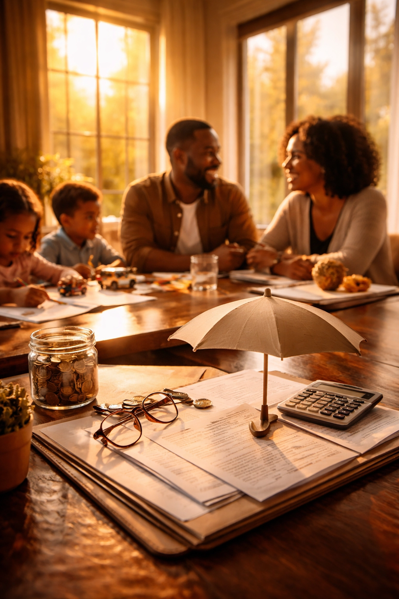 Diverse family discusses financial planning at home, highlighting the importance of protecting loved ones beyond a 401(k).