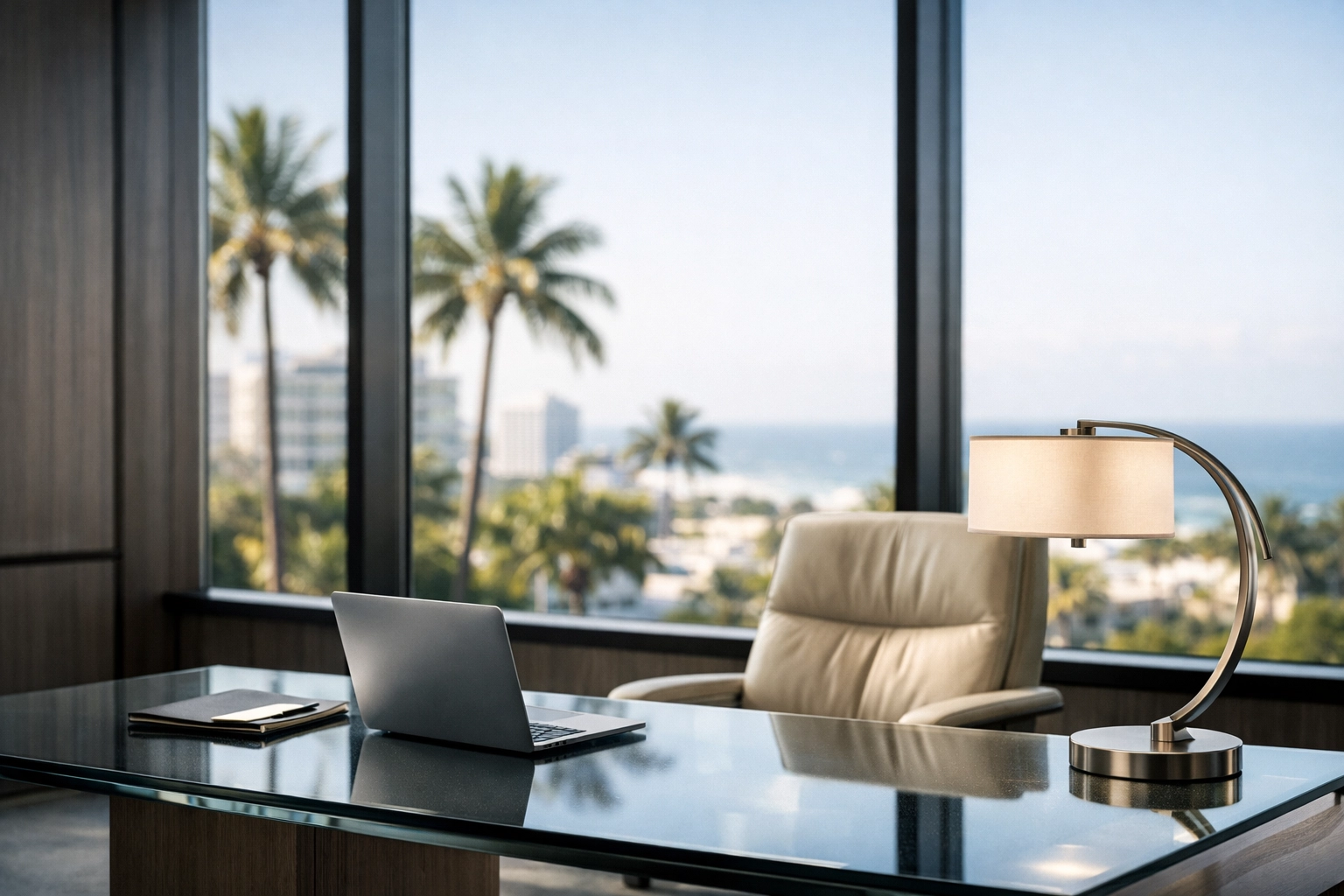 Modern luxury executive office in West Palm Beach with an ocean view, perfect for business relocation to Florida.