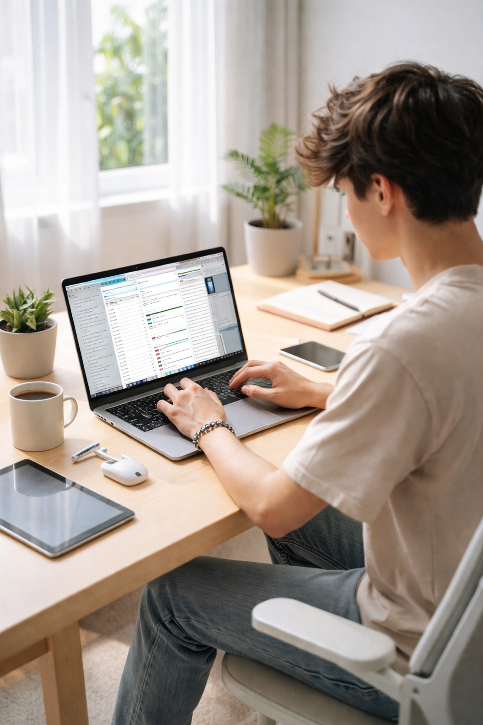Young founder using laptop in a modern home office, showing digital skills and tech fluency for startup success.