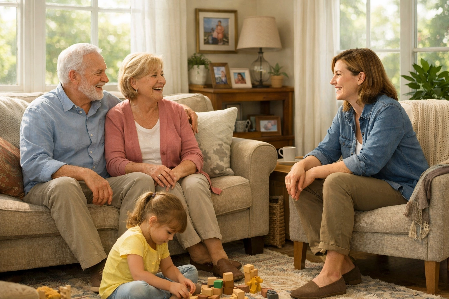 Multi-generational family having supportive conversation about aging parent home safety