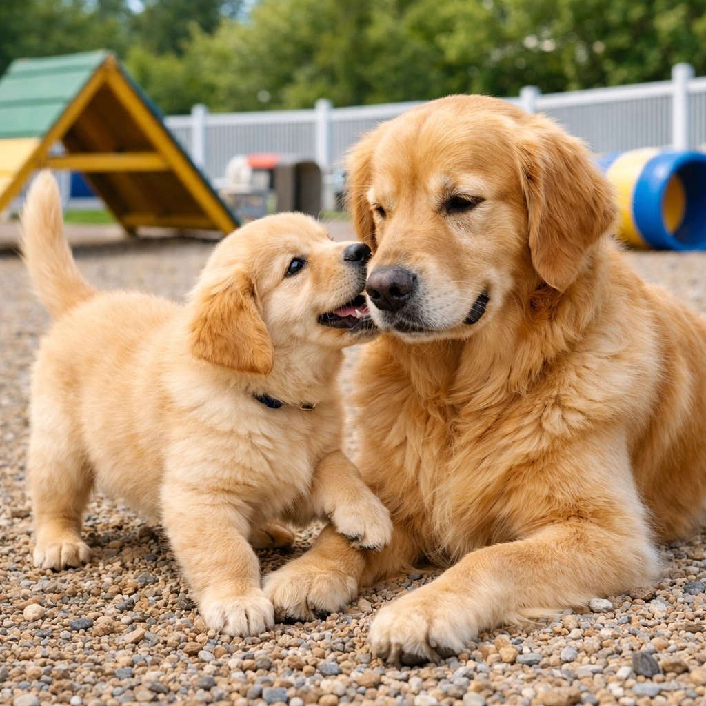 Golden Retriever puppy and adult dog show canine companionship at a Portland holistic pet resort.