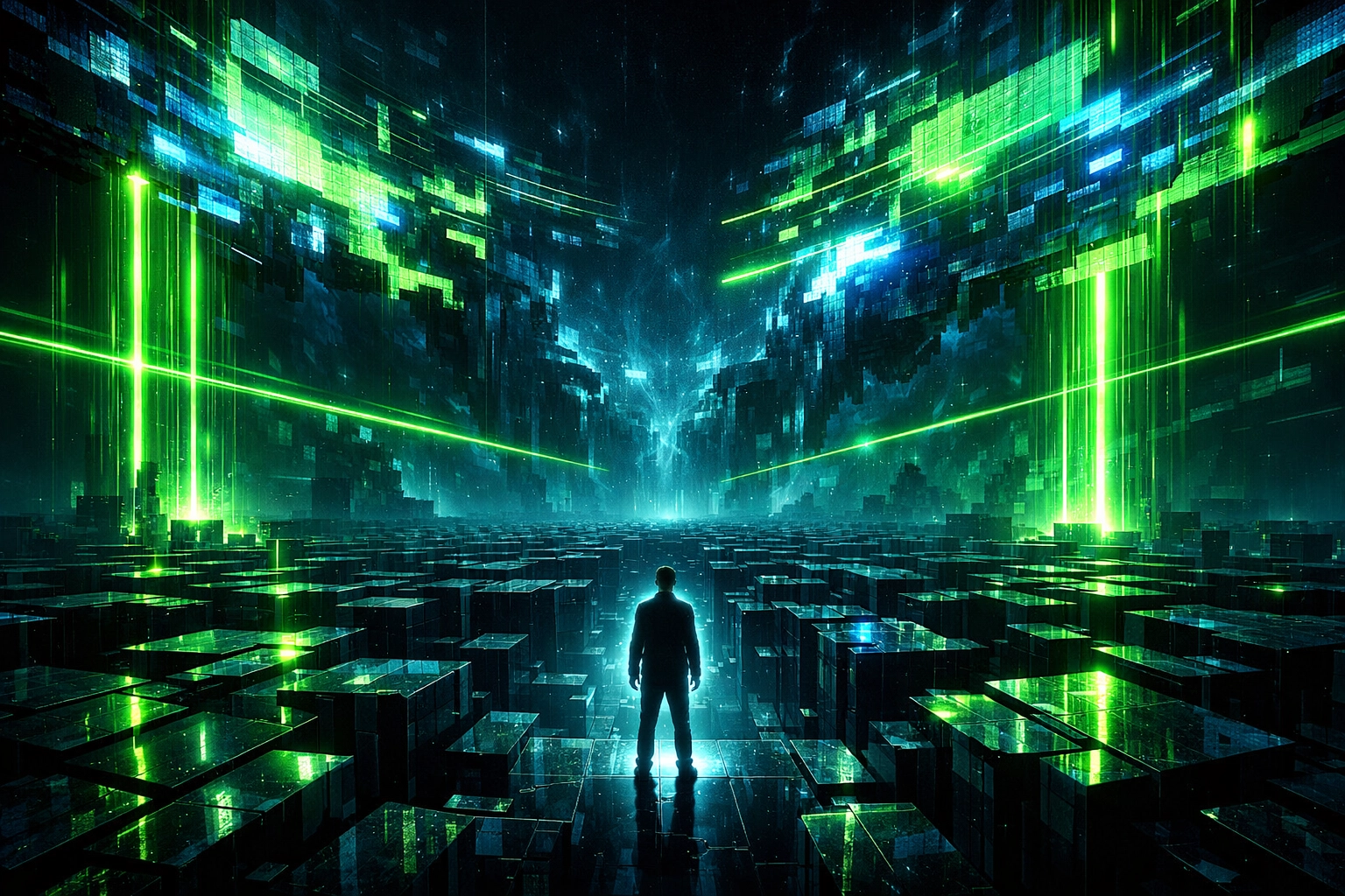 A graduate navigating a digital landscape representing AI strategy audits and industry readiness.