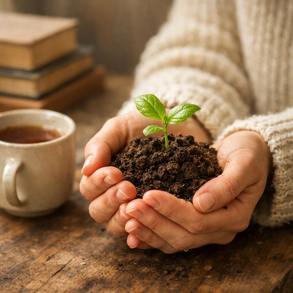 Hands nurturing a green seedling, symbolizing growth through integrated mental health and spiritual therapy.