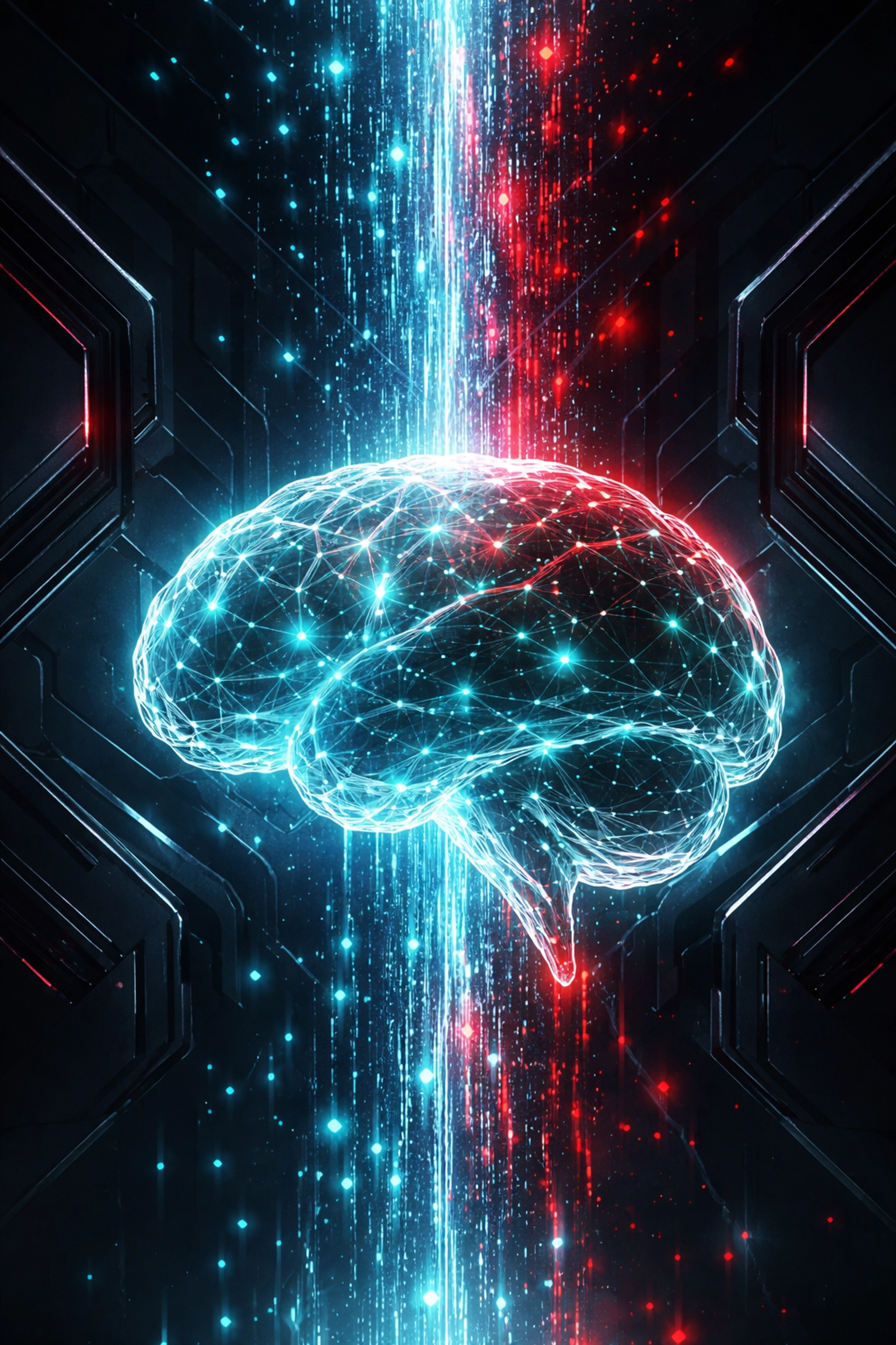 AI-powered data stream entering a digital brain, showing the importance of clean data in small business automation