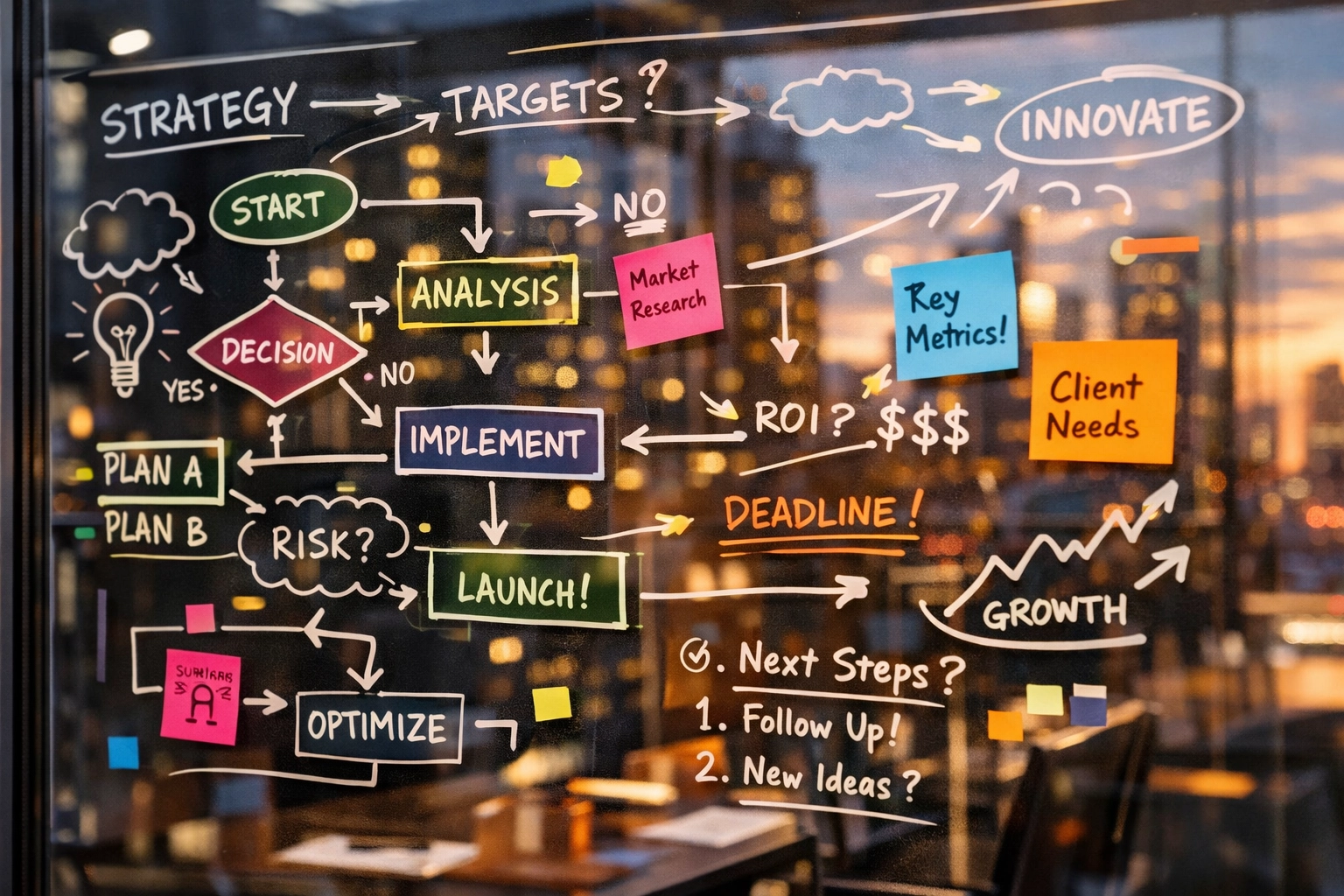 Strategic Zoho CRM setup planning using flowcharts and business logic diagrams on a glass wall.
