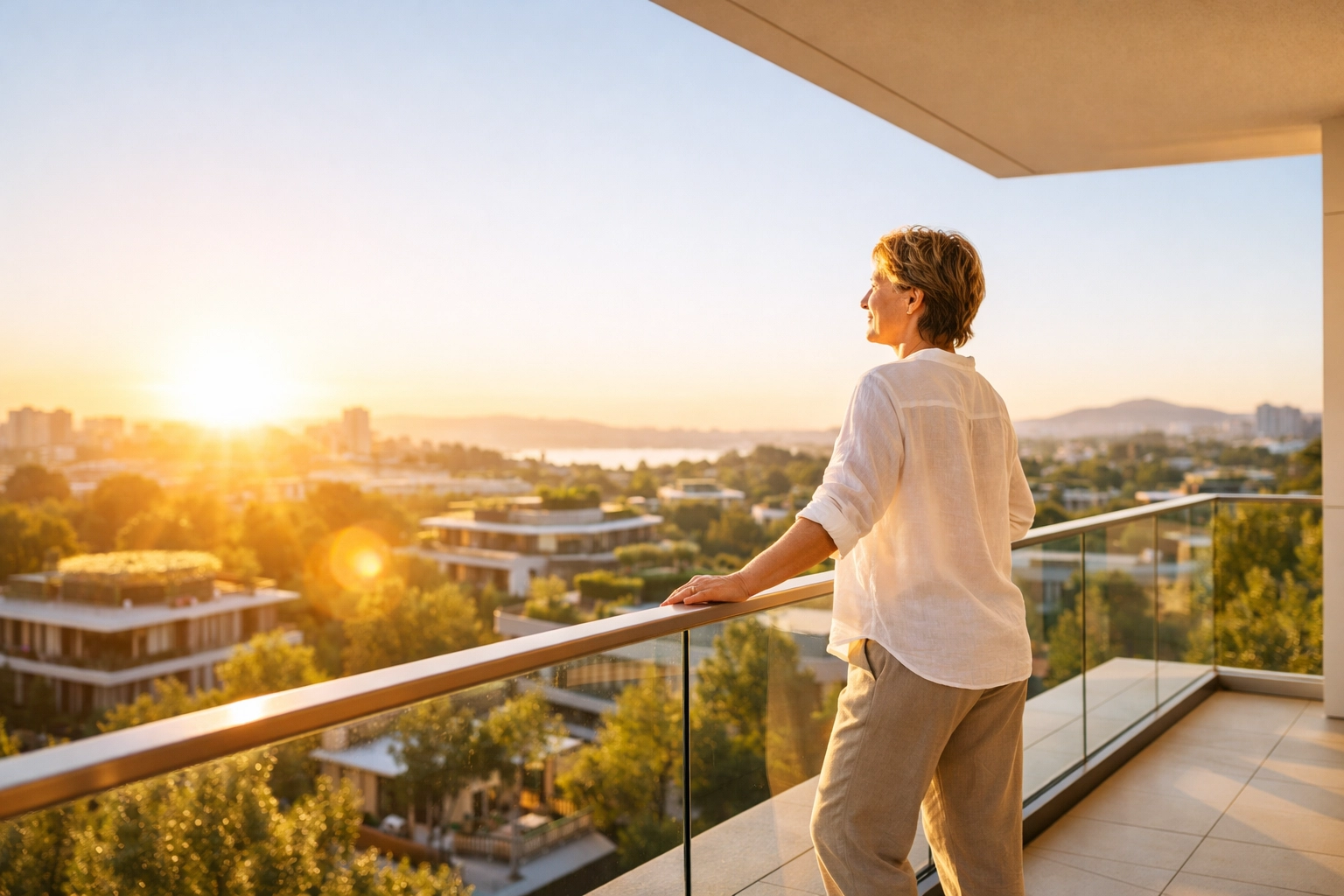 A healthy adult enjoying the sunrise to support circadian rhythms and high mitochondrial energy.