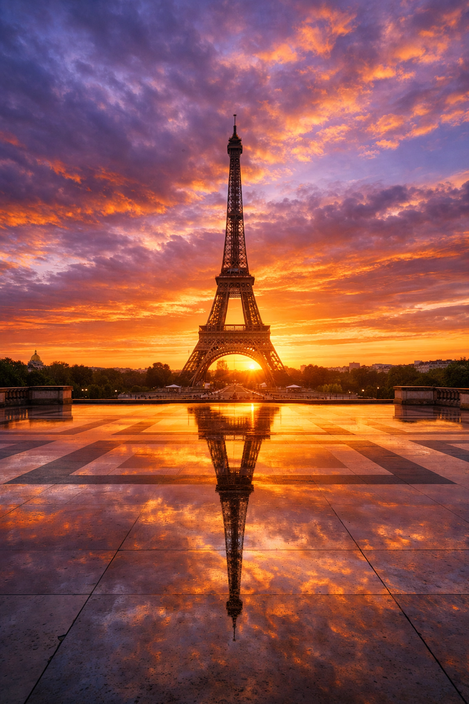Breathtaking sunrise over the Eiffel Tower from an empty Trocad&eacute;ro plaza in Paris.