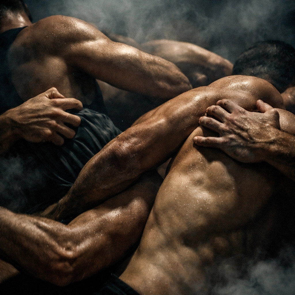Intertwined men in a dark, hazy room illustrating the complex social dynamics of a gay group encounter.
