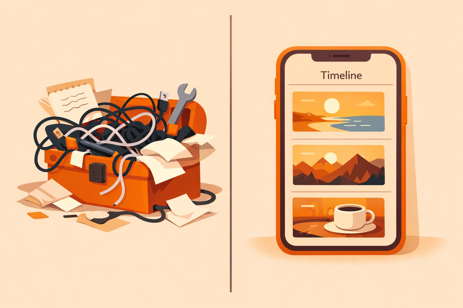 Comparison showing messy paperwork versus organized photo timeline app on smartphone