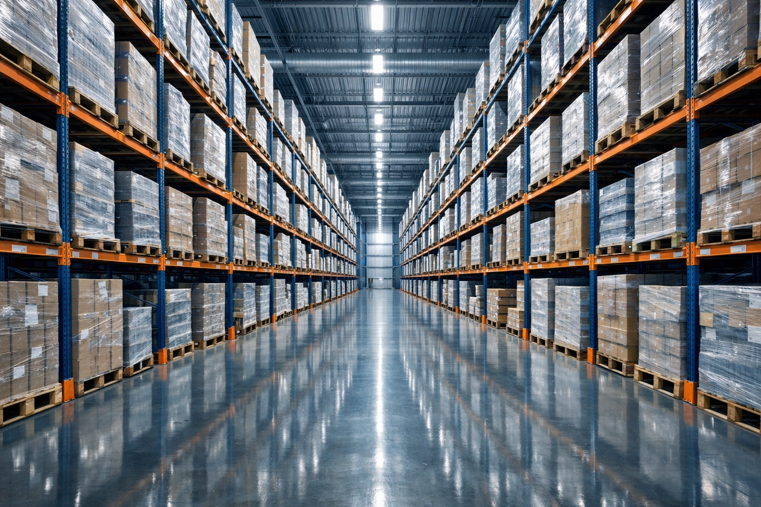 Modern distribution center warehouse showing organized inventory and supply chain management scale.