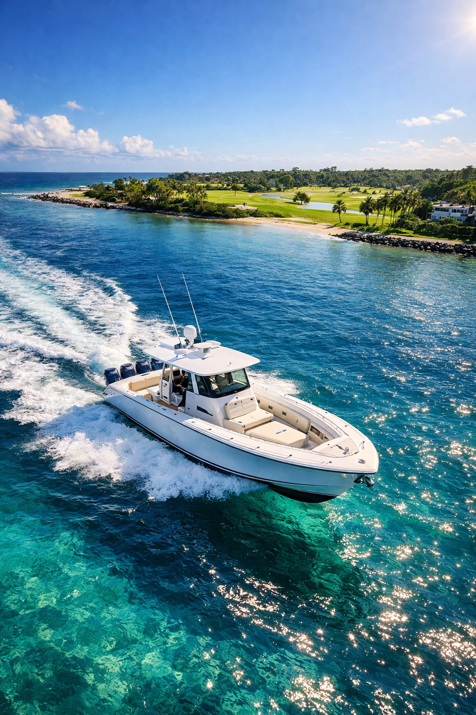 Luxury boat cruising the turquoise waters of Jupiter Inlet, showcasing the South Florida coastal lifestyle.