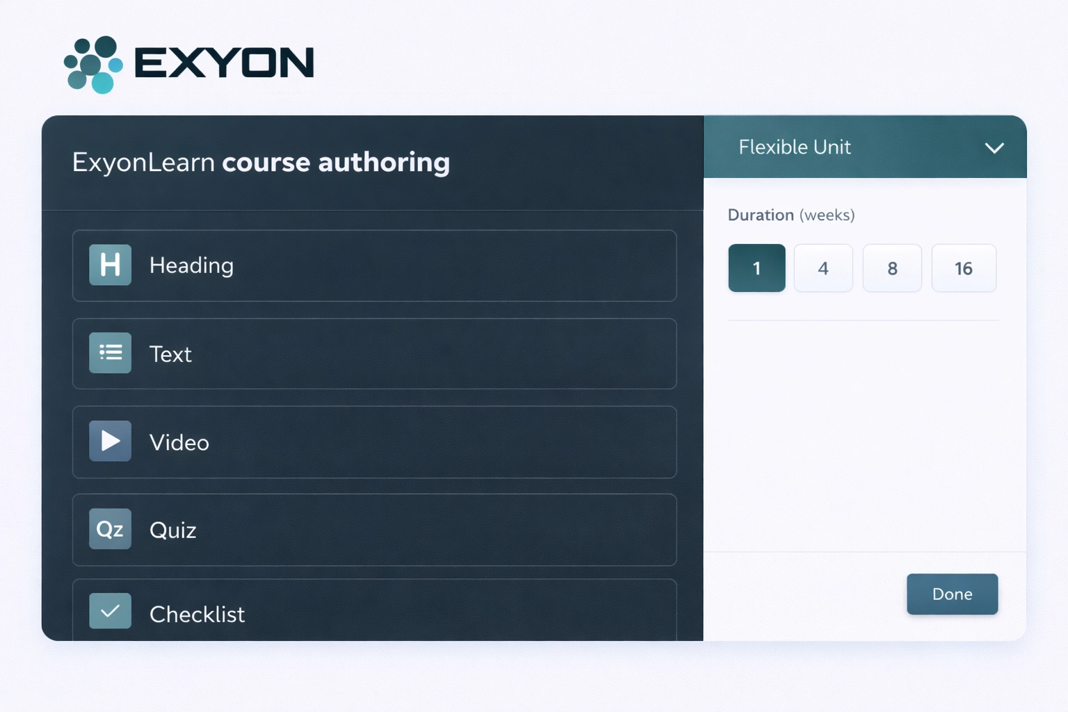 Flexible Units (1–16 weeks) built in ExyonLearn using the block-based editor, designed for rapid upskilling delivery by UK training providers.