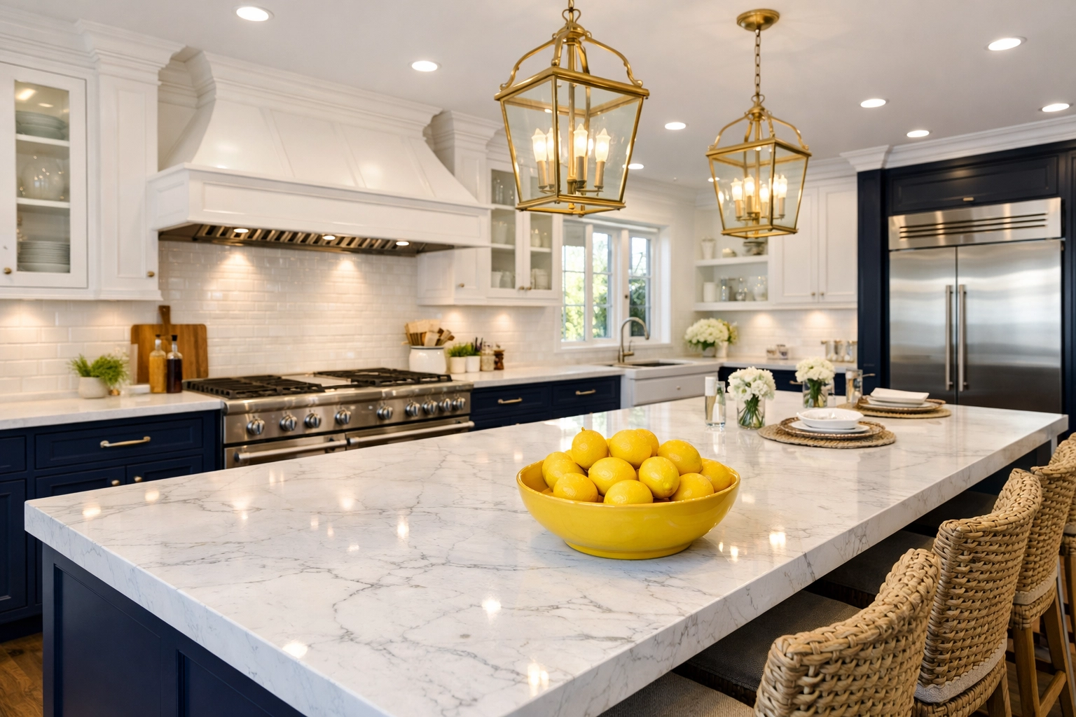 Professional sanitization of a luxury Carlisle estate kitchen featuring a white marble island and stainless steel.