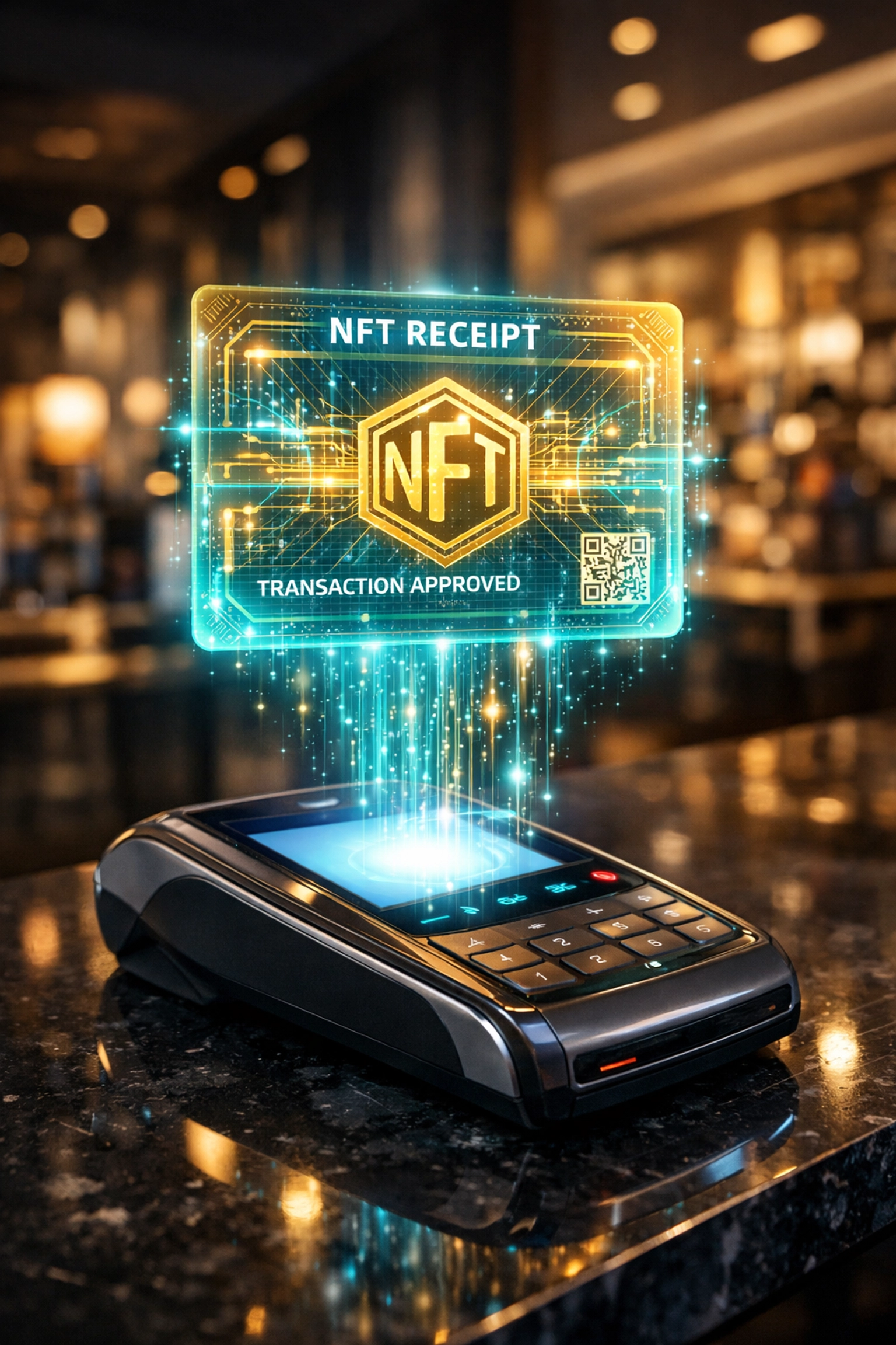 Futuristic NFT receipt over a merchant payment terminal, showcasing LareBlocks blockchain technology.