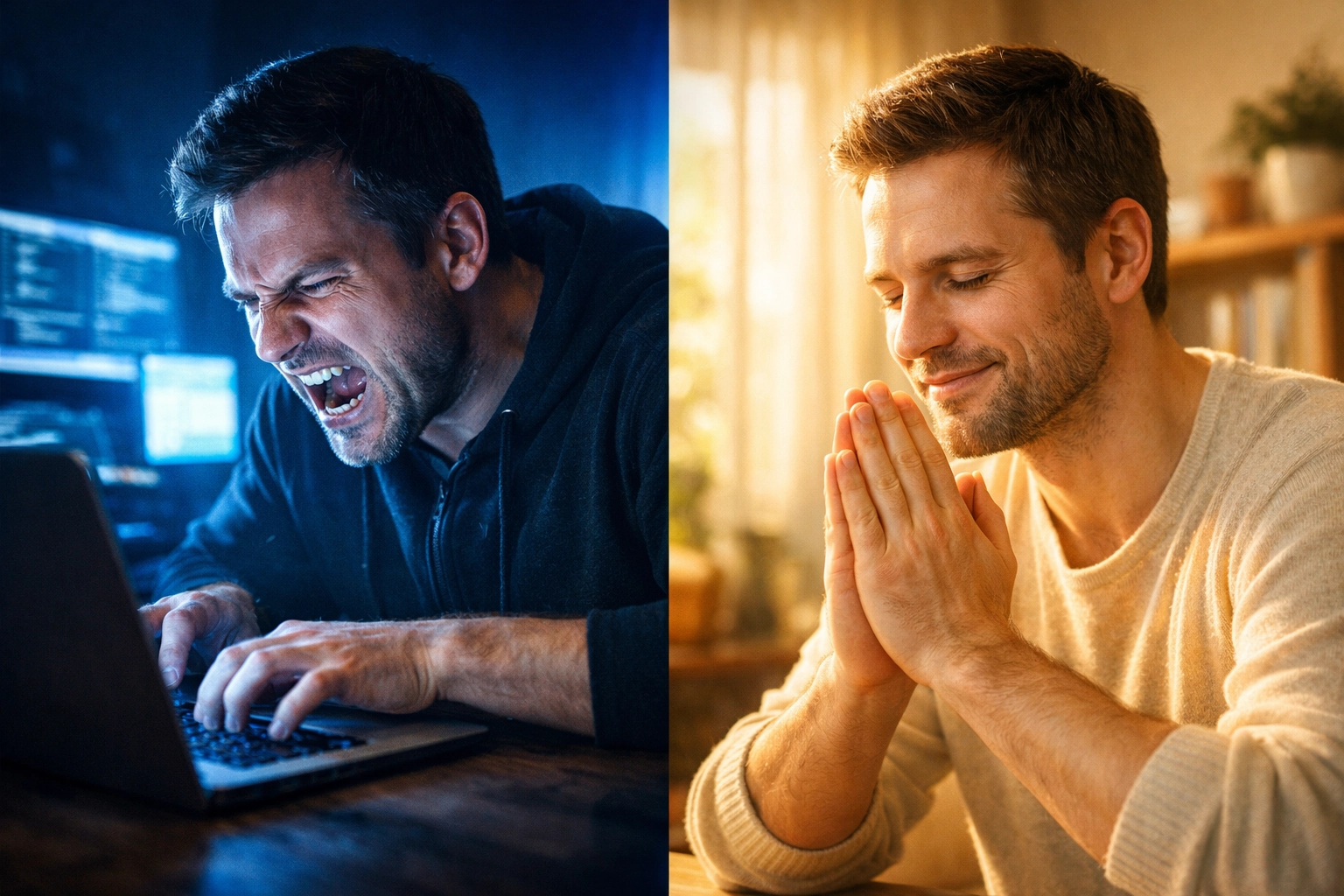 Side-by-side comparison of reactive anger versus peaceful prayer in Christian response