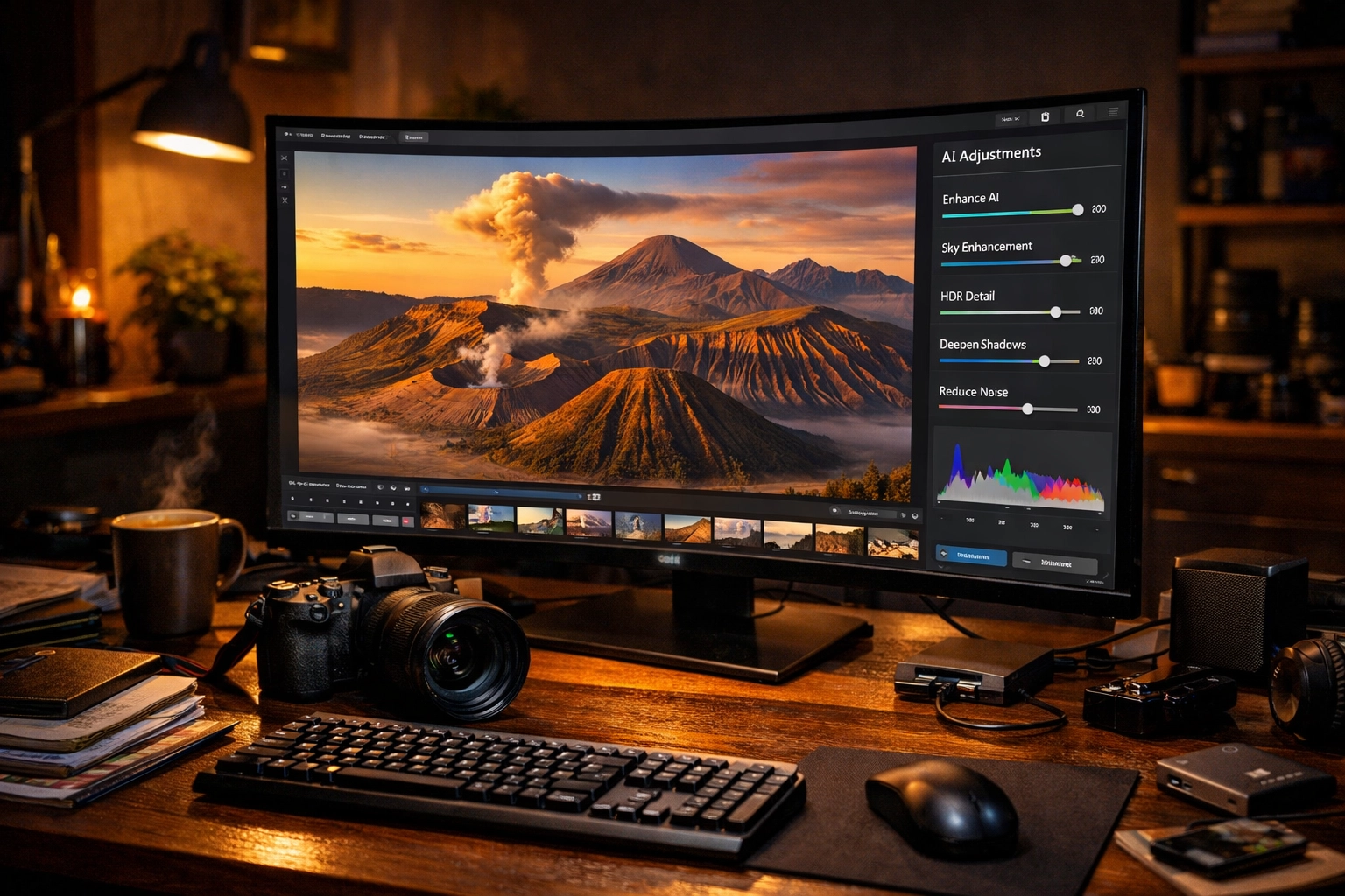 Photographer following photo editing tutorials to enhance a scenic shot taken with the best mirrorless cameras.