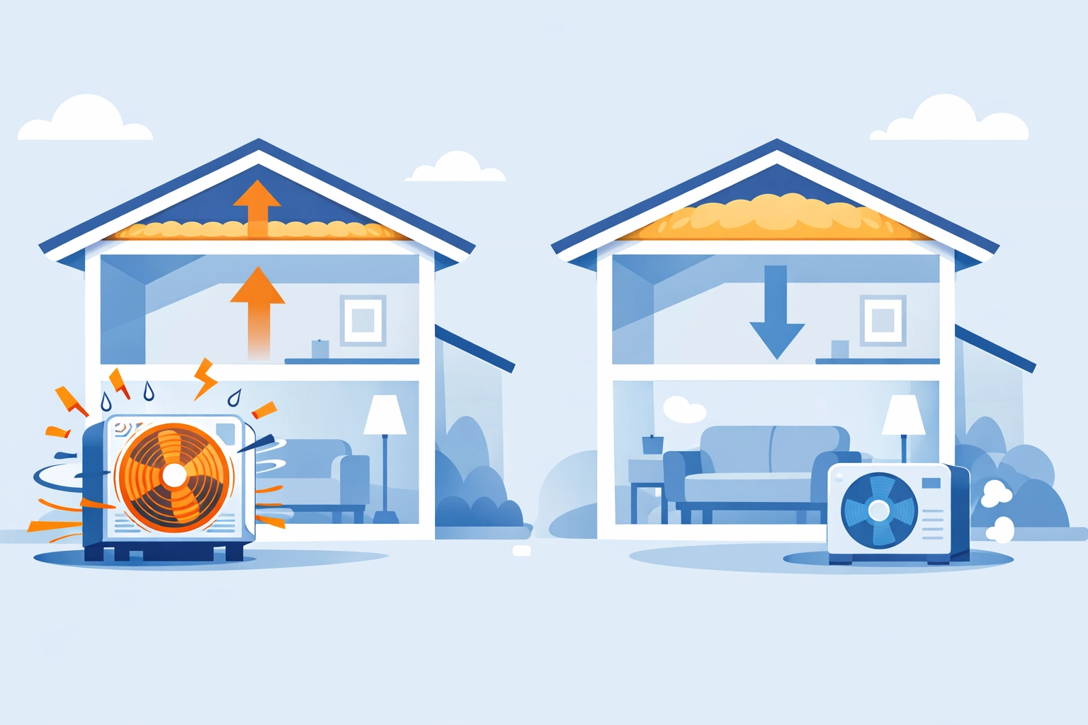 Comparison of heat pump efficiency with poor versus proper loft insulation