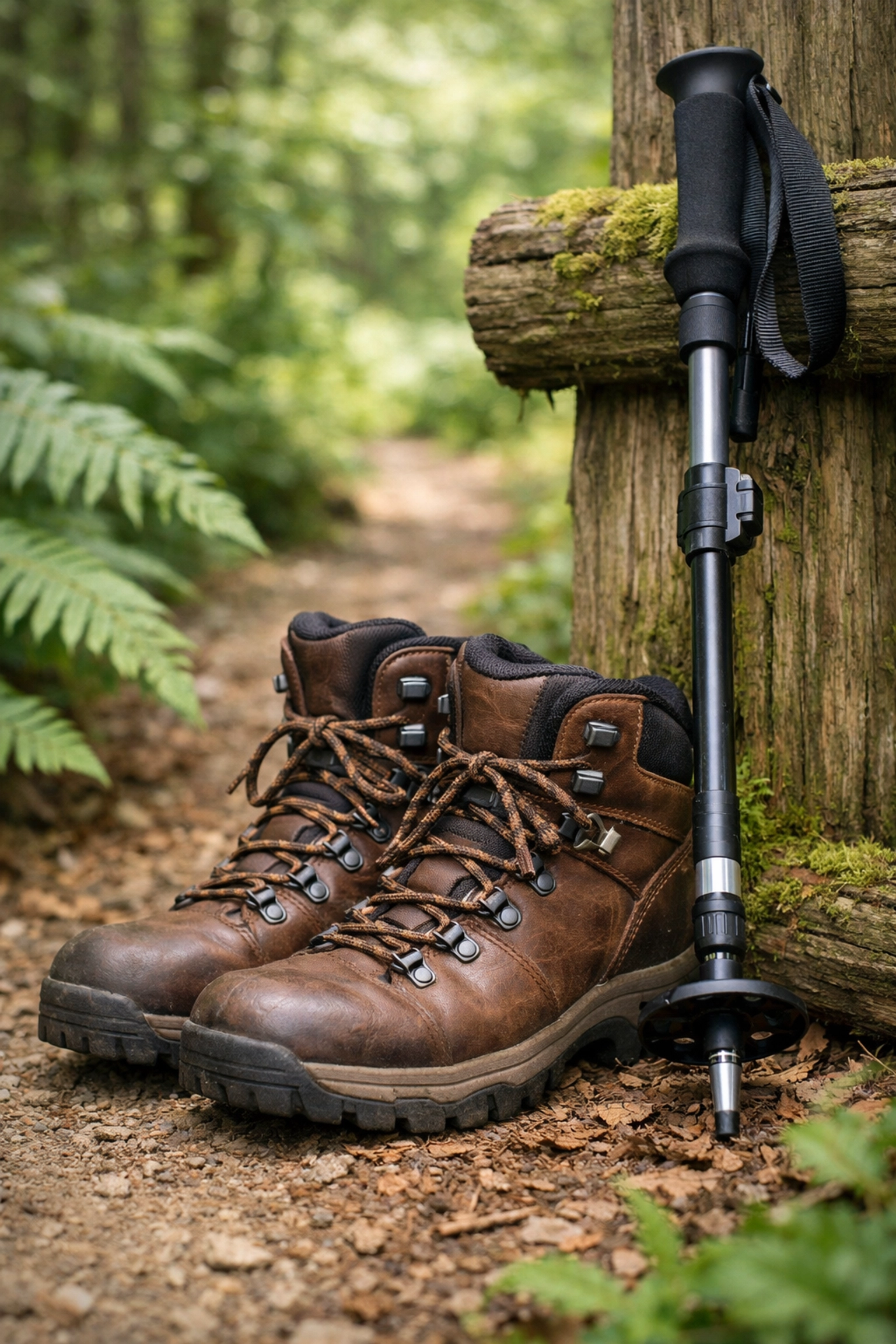 Detailed close-up of leather hiking boots and a trekking pole, essential for guided hiking tours UK.