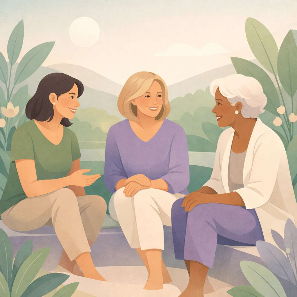 Diverse women sharing support and wisdom, illustrating the strength and community found during the menopause transition.