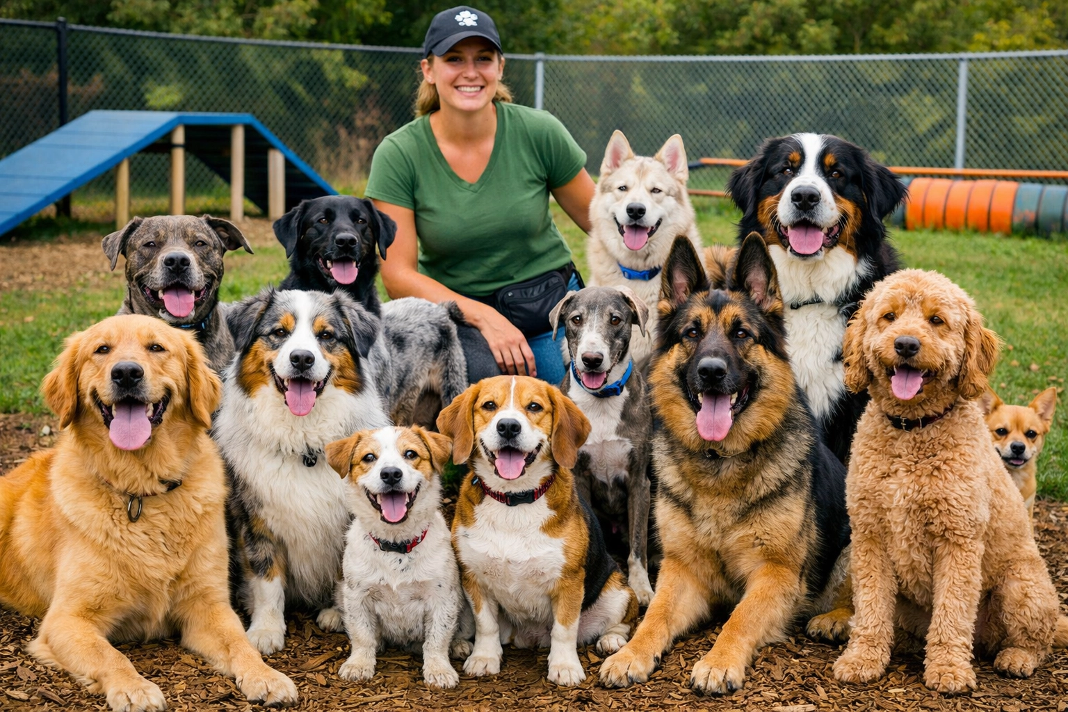 Group of dogs enjoying supervised daycare at Green Acres K-9 Resort
