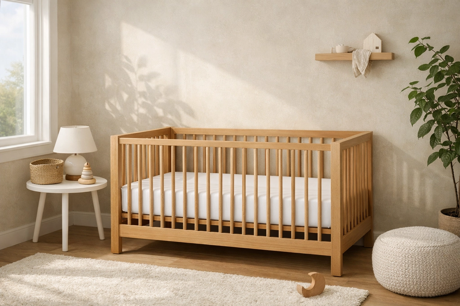 A minimalist crib with a firm mattress in a bright Toronto nursery, illustrating a safe sleep environment for infants.