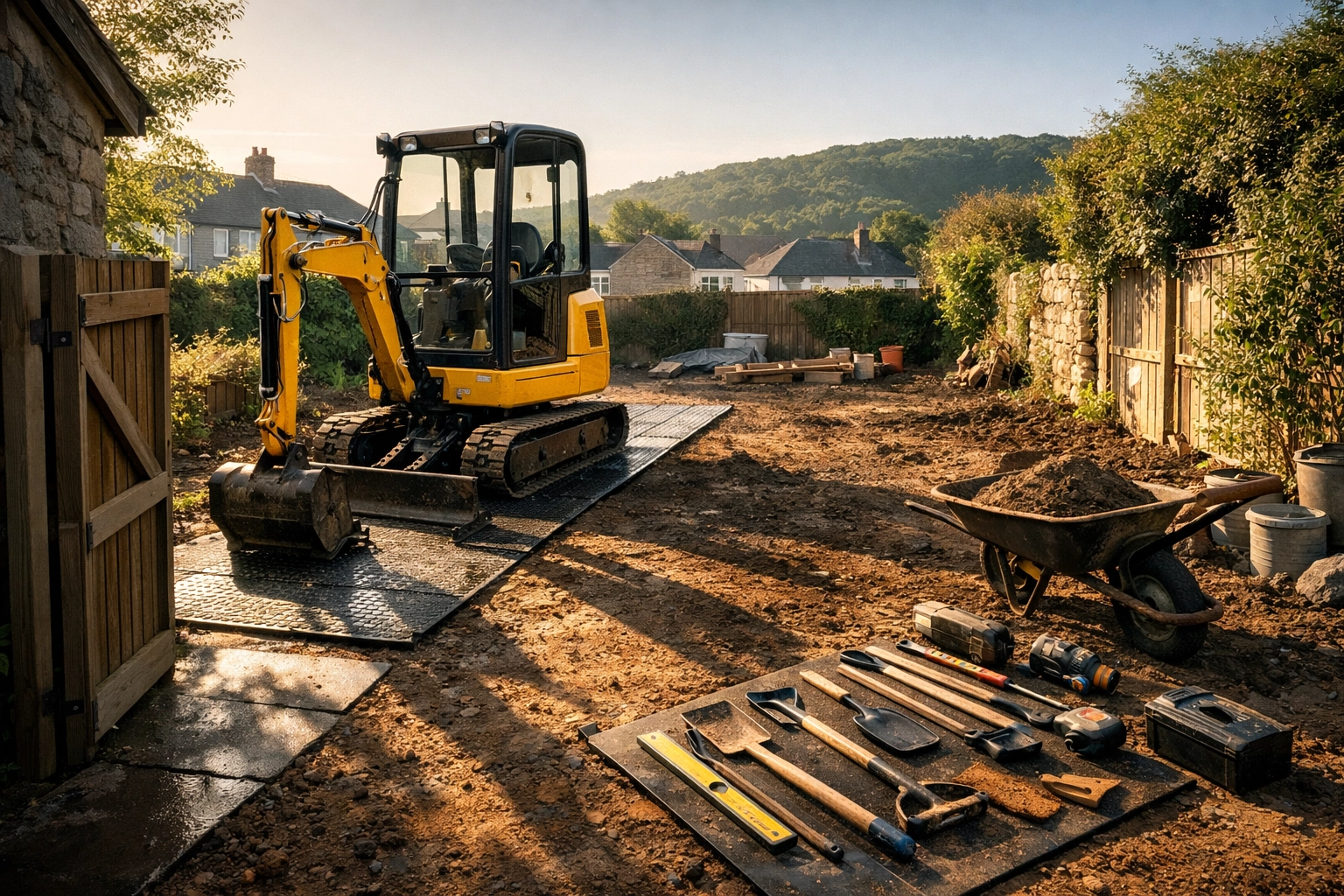 Mini-digger in a South Wales garden, showing clear site access for a professional landscaping project.