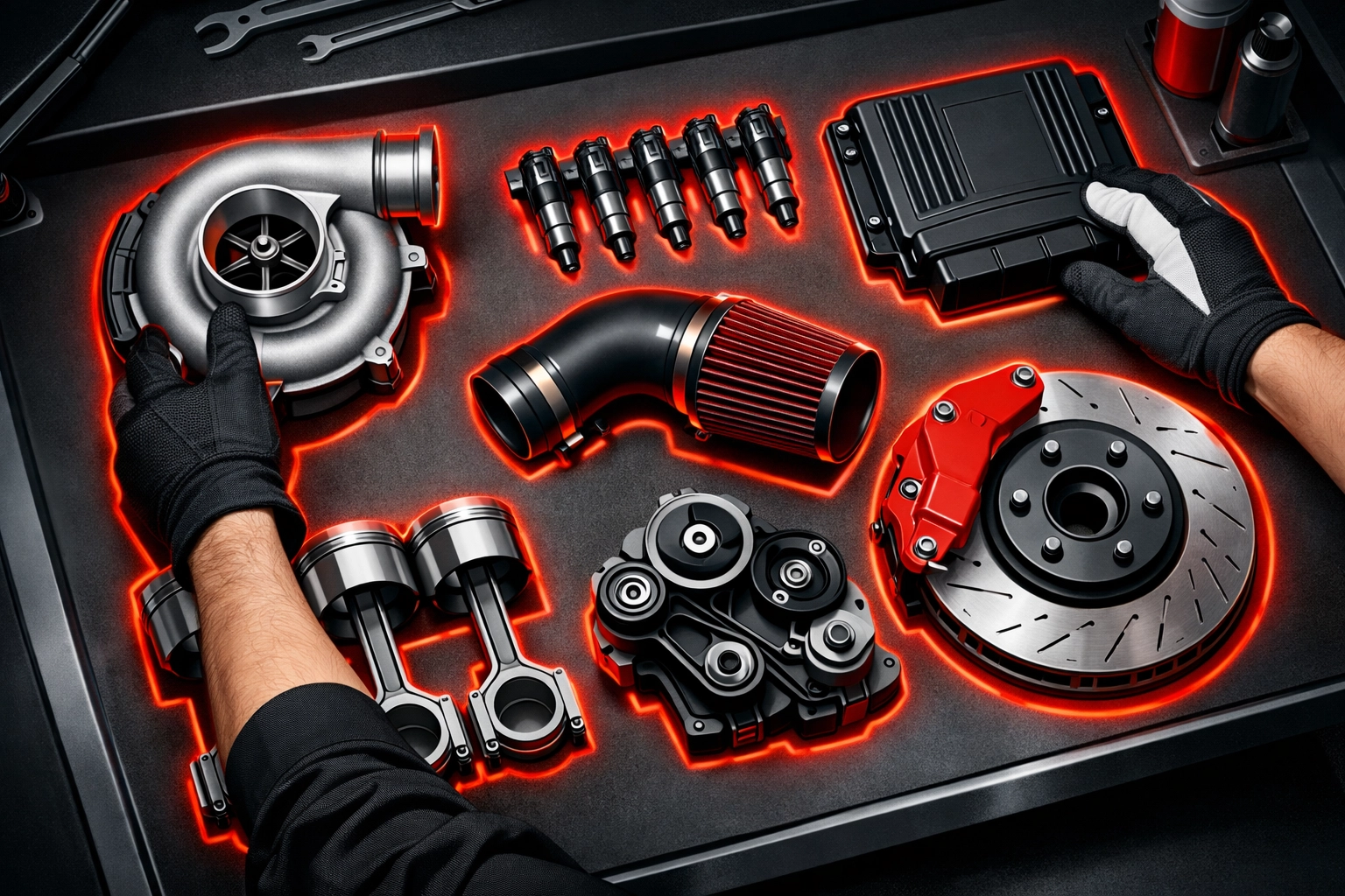 A technician organizing car parts on a workbench, highlighting efficient recall inventory and service profitability.