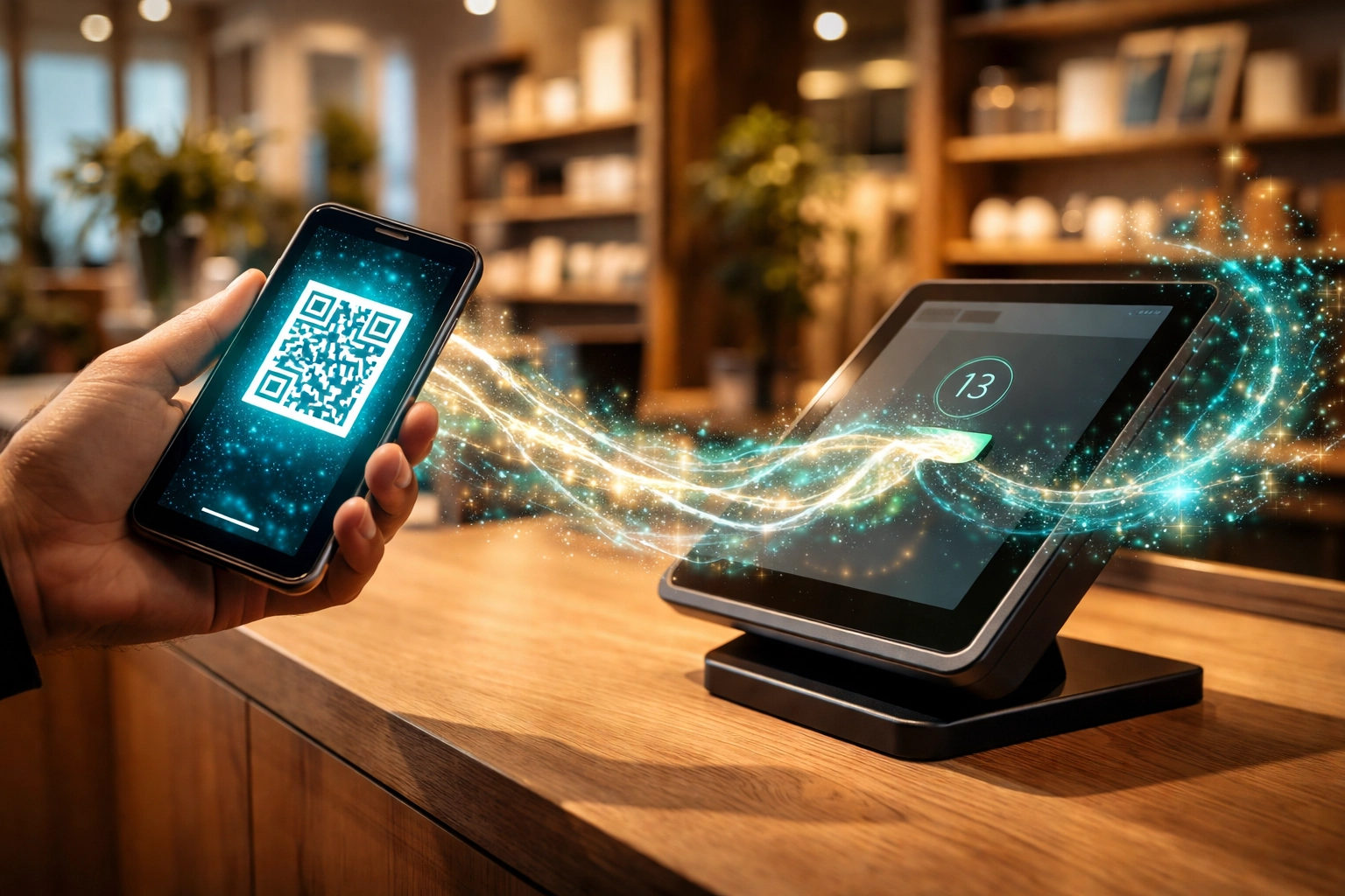 Customer completing a QR code crypto POS payment at a retail counter using Larecoin for reduced transaction fees