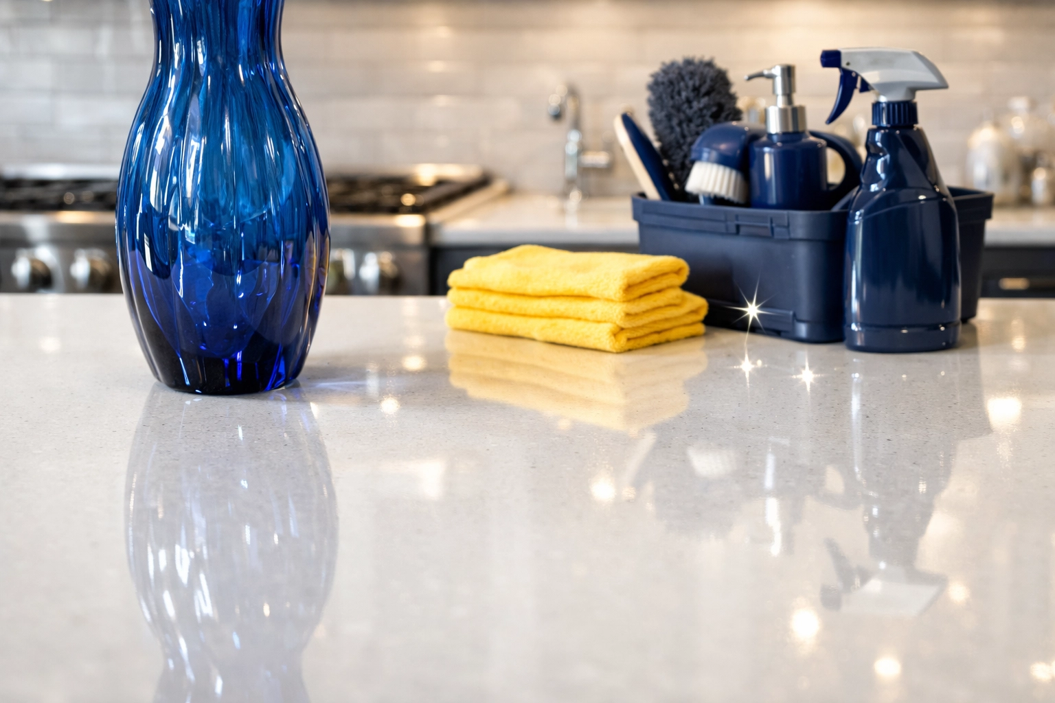 Sparkling quartz kitchen countertop following a deep-level residential cleaning Massachusetts session.