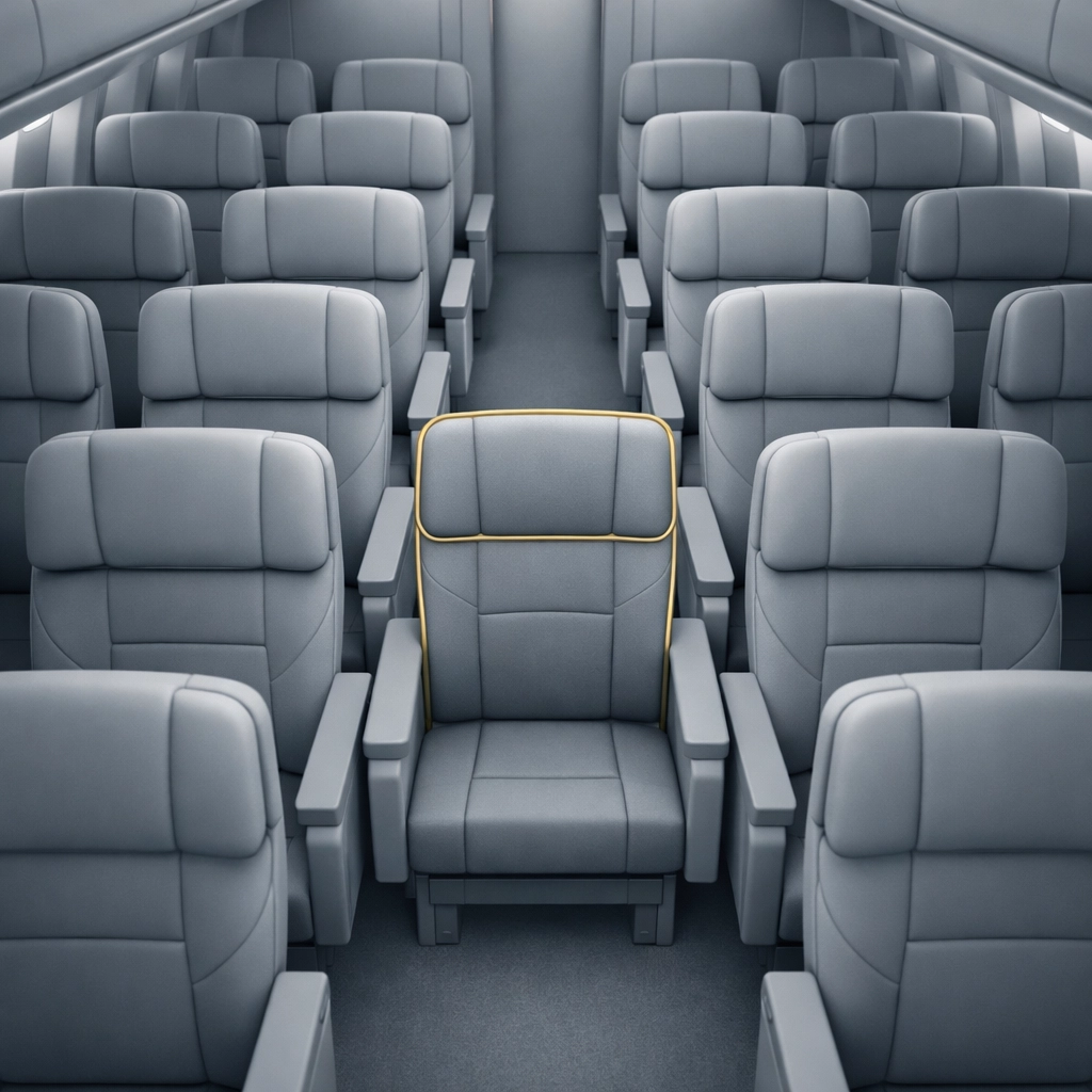 Sterile airplane cabin with a gold-highlighted chair representing Southwest’s new premium assigned seating fees.