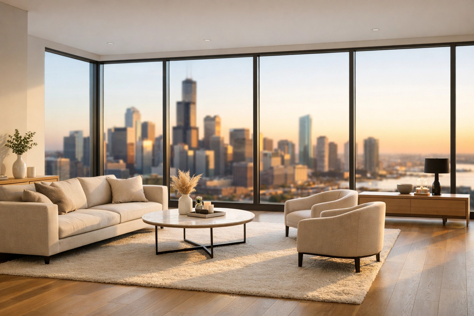 Move-in ready luxury apartment in Chicago with polished floors and a city view, highlighting fast property turnovers.
